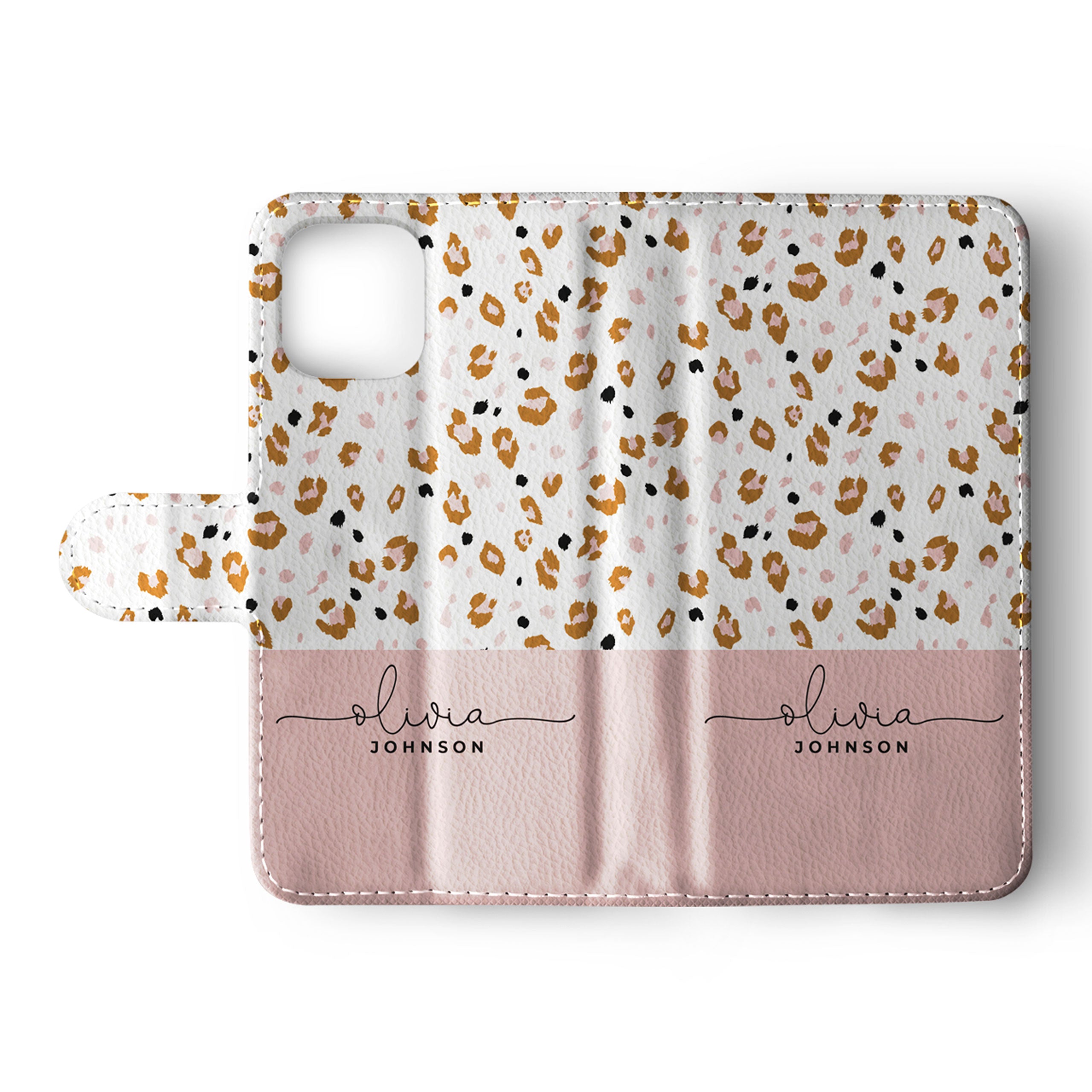 Personalised Wallet Flip Phone Case Custom Name Animal Print Leopard Spots 