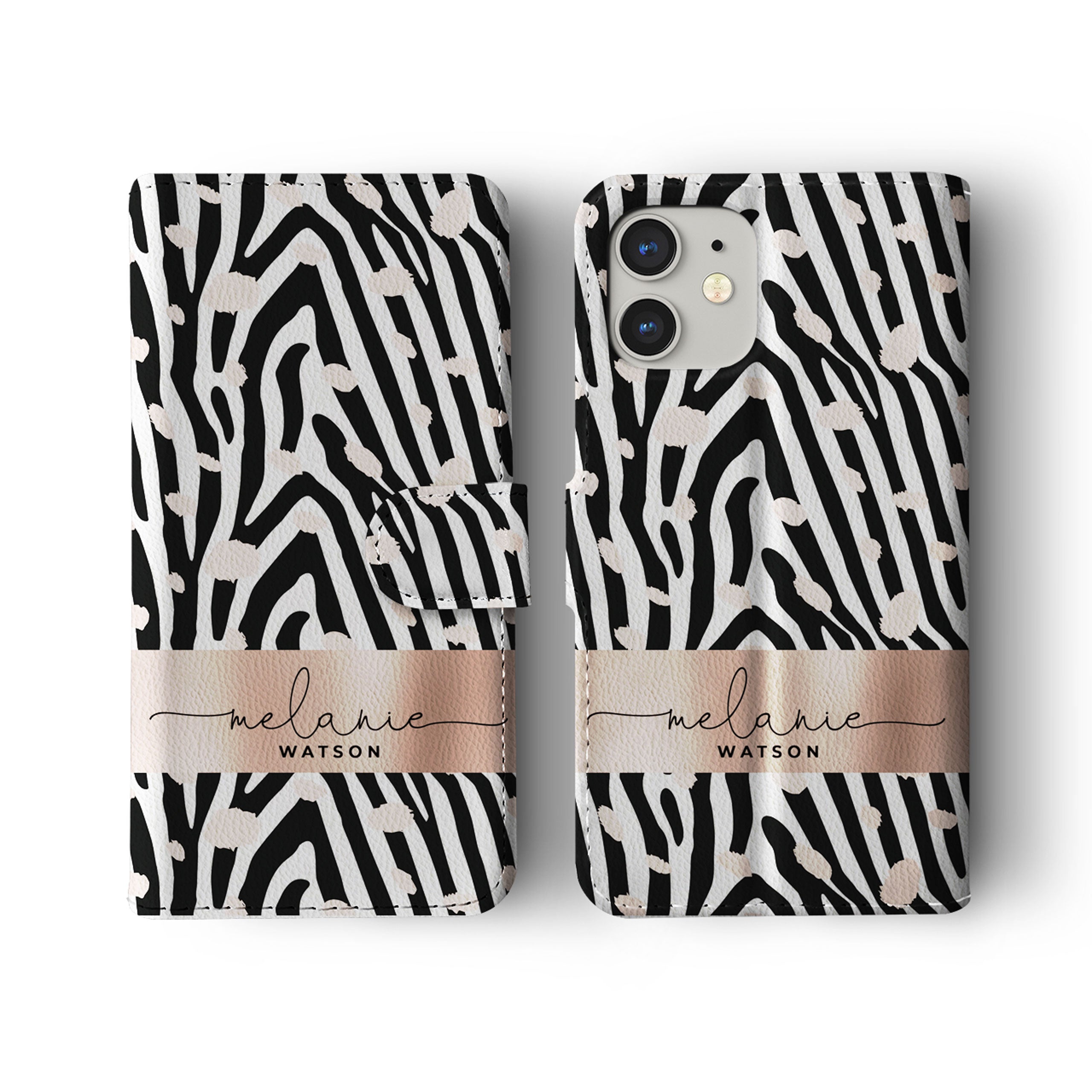 Personalised Wallet Flip Phone Case Custom Name Animal Print Zebra Stripes