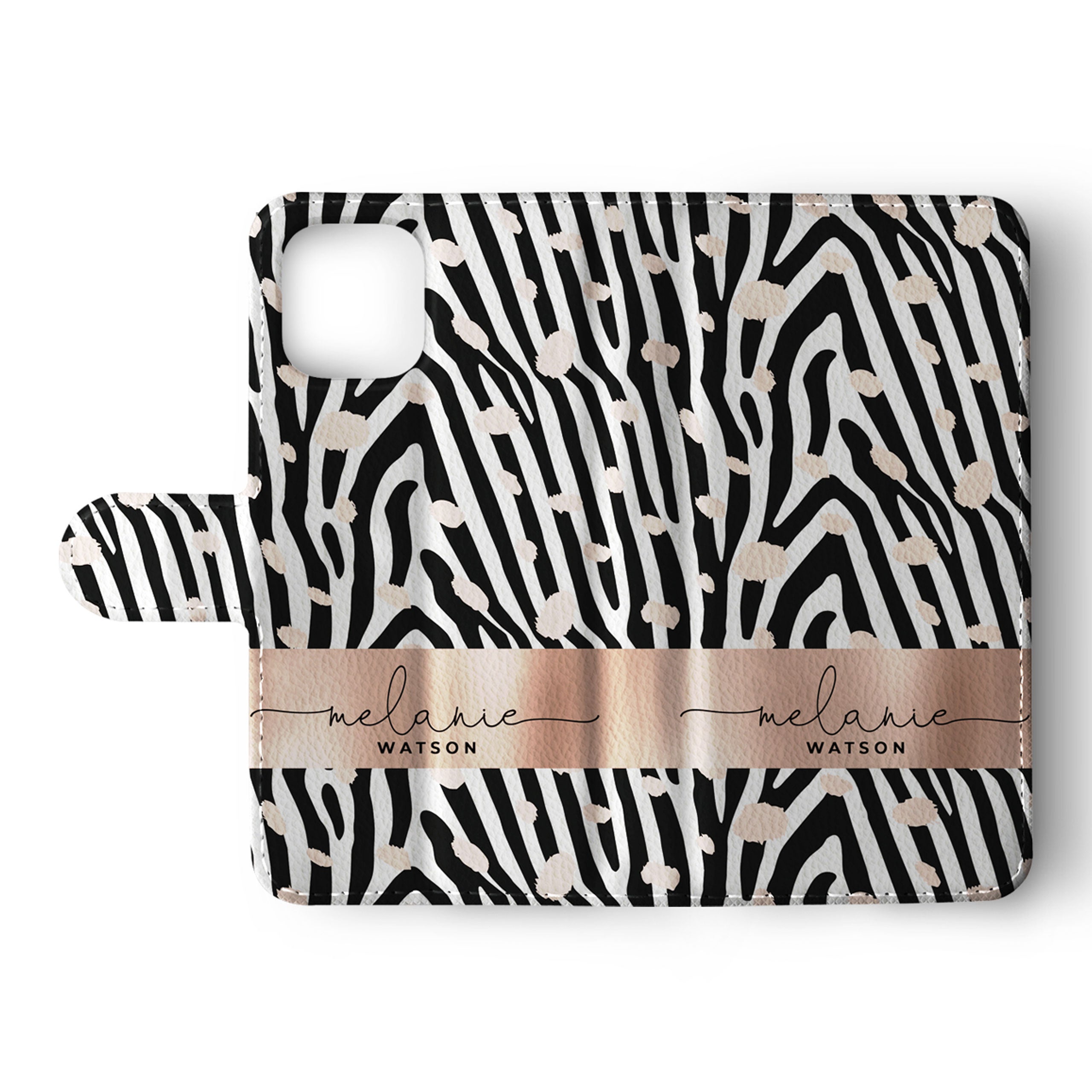 Personalised Wallet Flip Phone Case Custom Name Animal Print Zebra Stripes