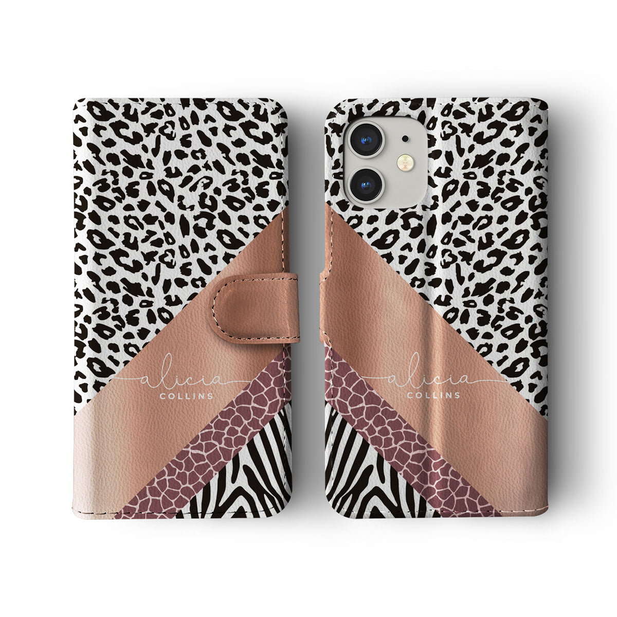 Personalised Wallet Flip Phone Case Custom Name Animal Print Savannah Rose Gold 