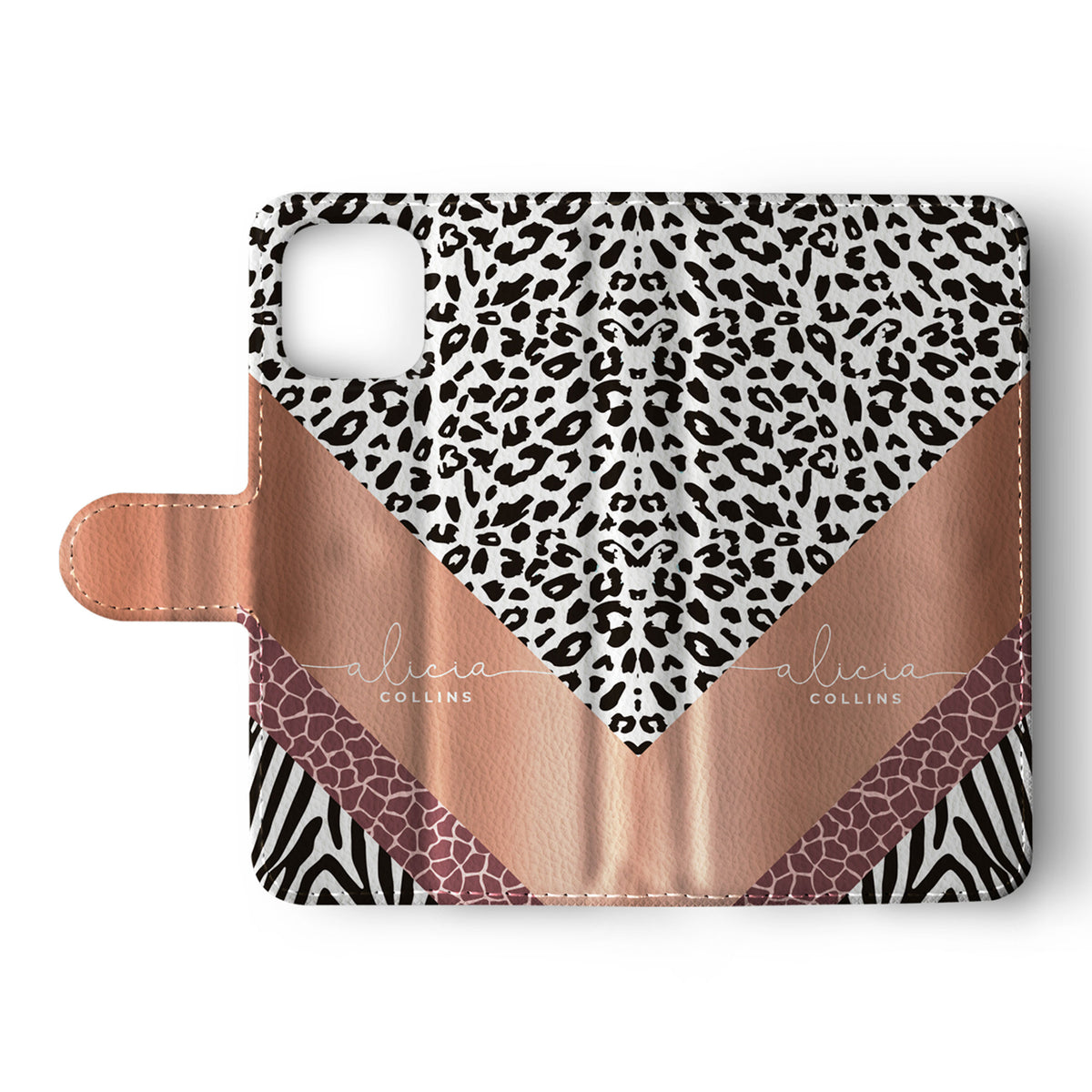 Personalised Wallet Flip Phone Case Custom Name Animal Print Savannah Rose Gold 