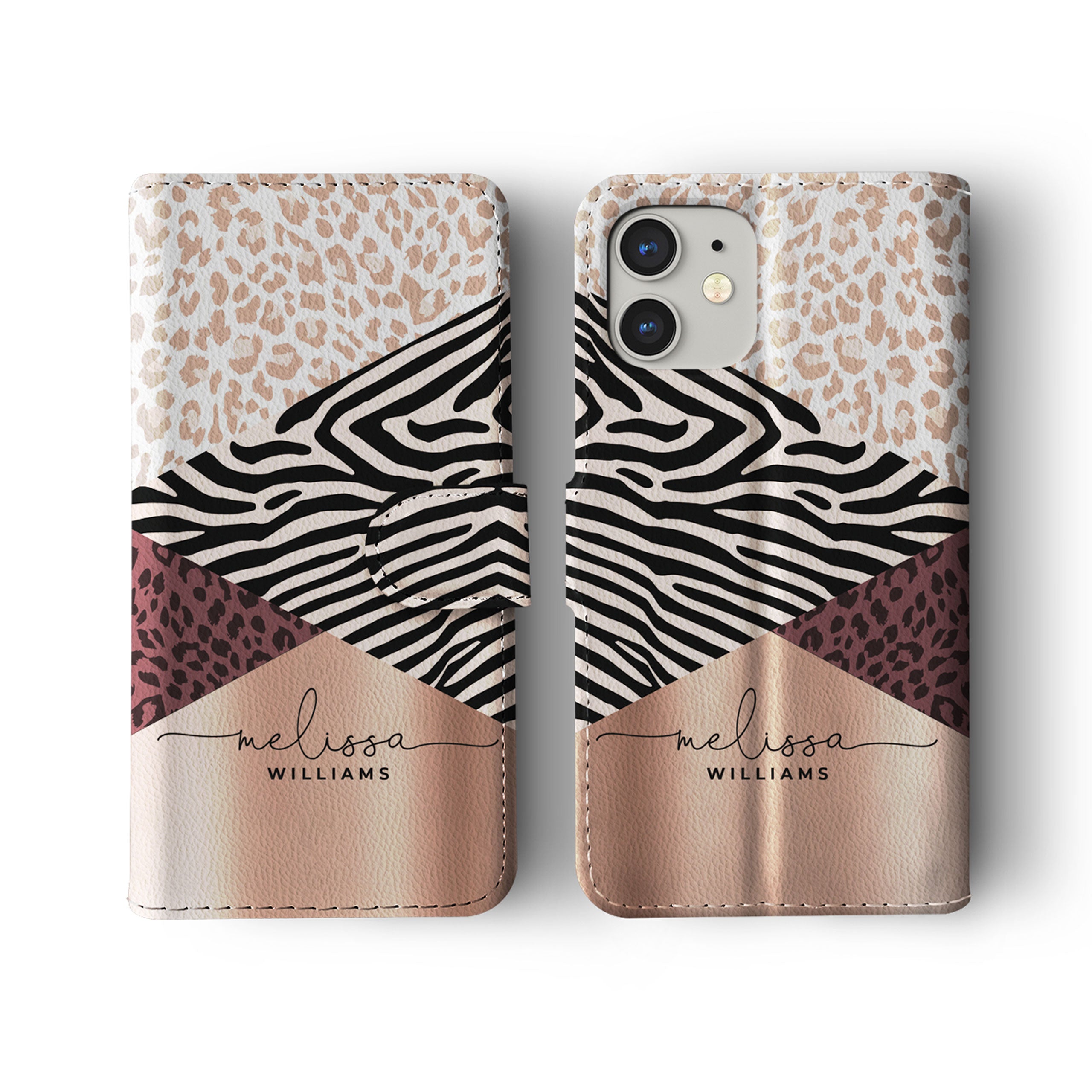 Personalised Wallet Flip Phone Case Custom Name Animal Print Wild Cats Geometric