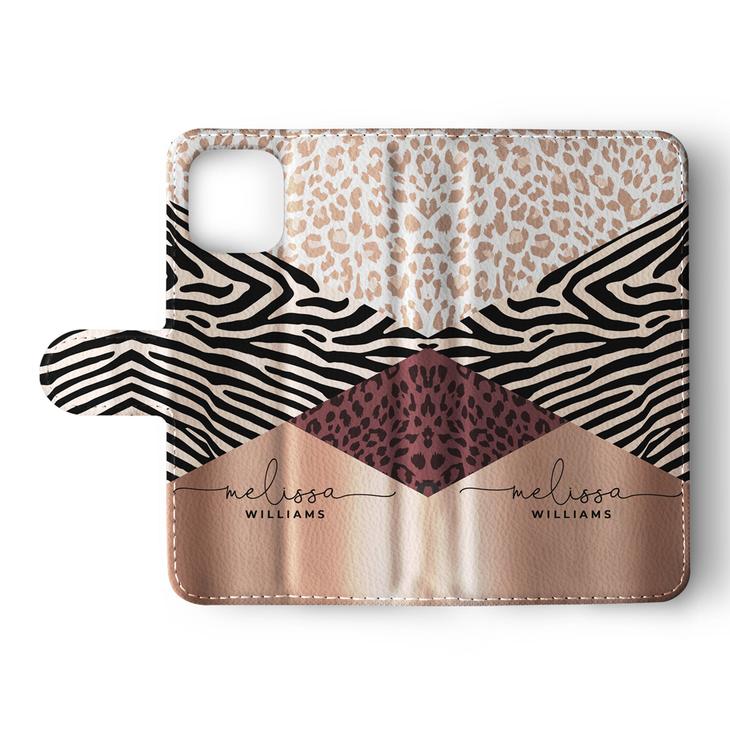 Personalised Wallet Flip Phone Case Custom Name Animal Print Wild Cats Geometric