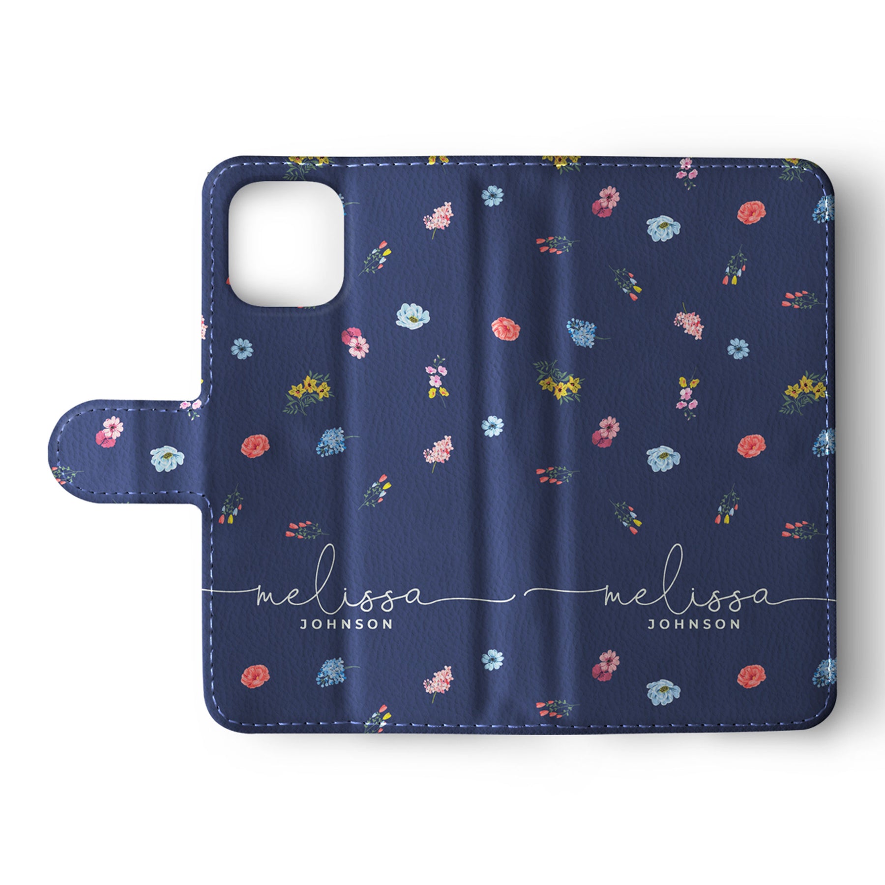 Personalised Wallet Flip Phone Case Custom Name Vintage Shabby Chic Navy Floral Foliage