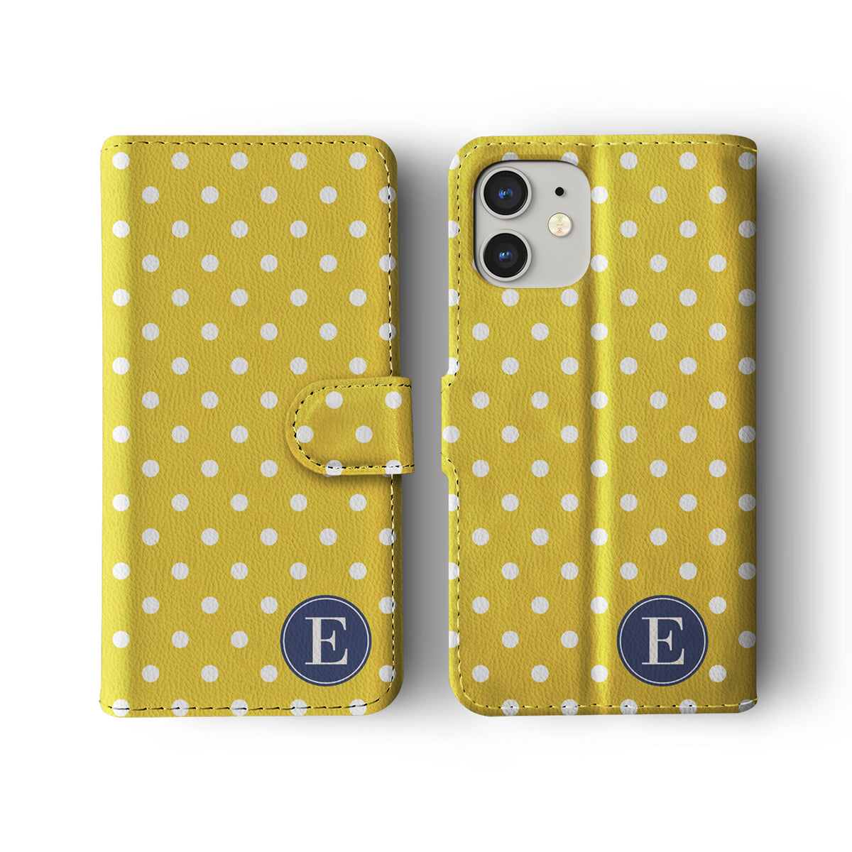 Personalised Wallet Flip Phone Case Custom Name Vintage Shabby Chic Mustard Yellow Polka Dot