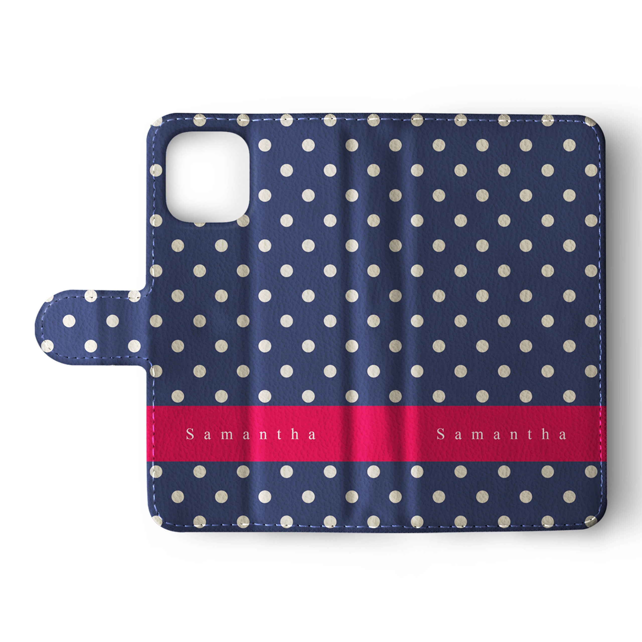 Personalised Wallet Flip Phone Case Custom Name Vintage Shabby Chic Navy Red Banner Polka Dot