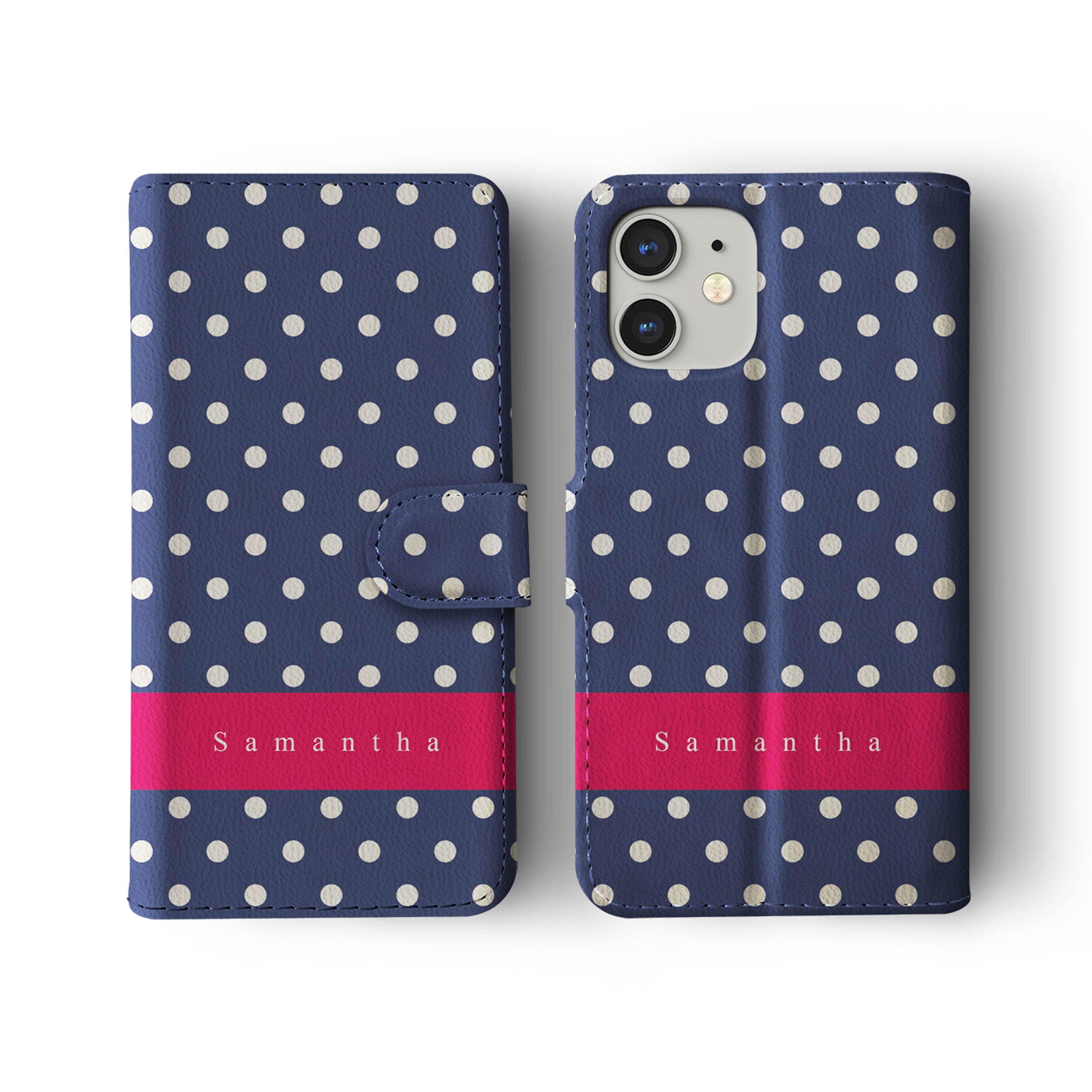 Personalised Wallet Flip Phone Case Custom Name Vintage Shabby Chic Navy Red Banner Polka Dot