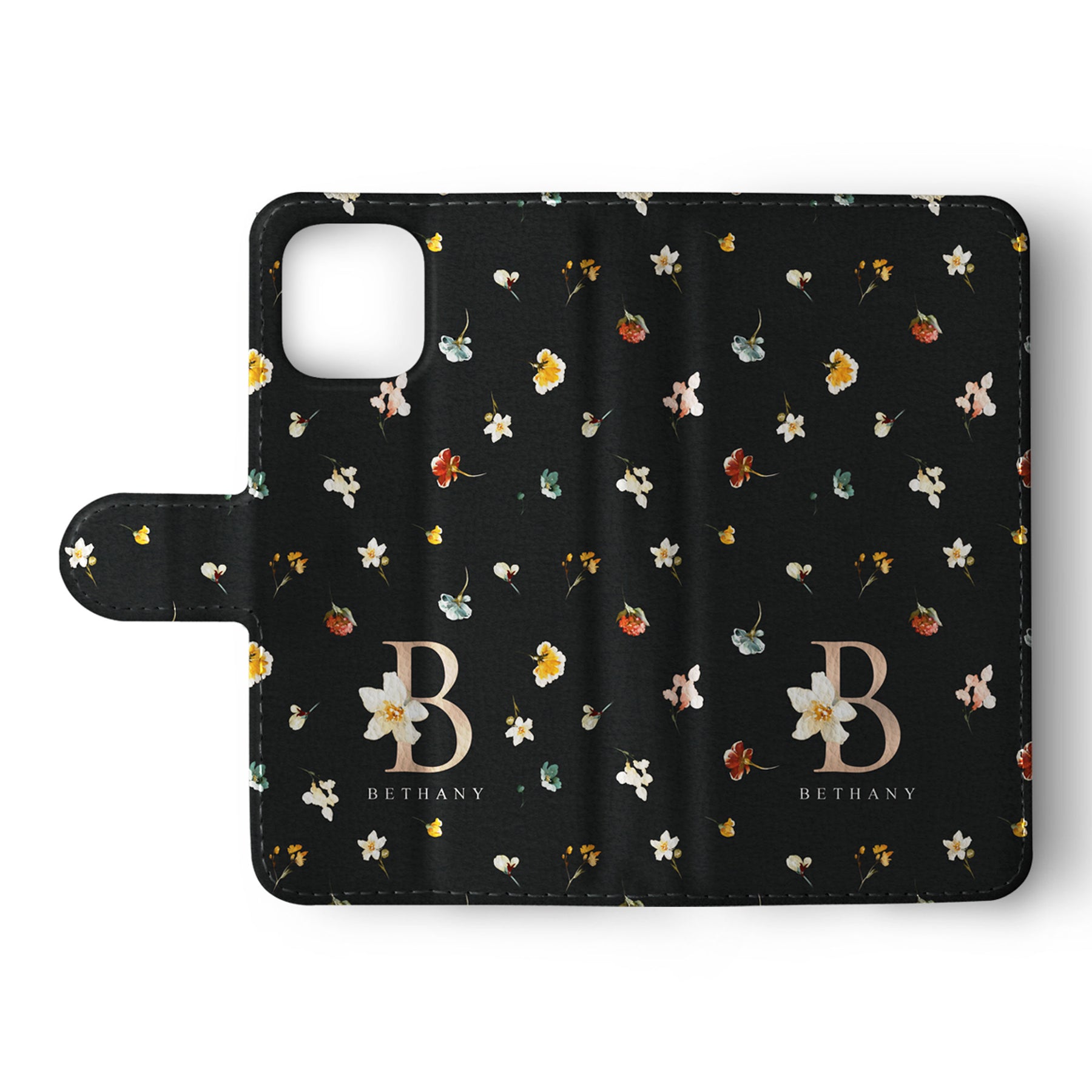 Personalised Wallet Flip Phone Case Custom Name Floral Black Rose Gold Monogram