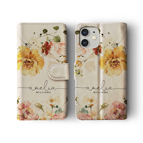 Personalised Wallet Flip Phone Case Custom Name Floral Watercolour Romantic Roses