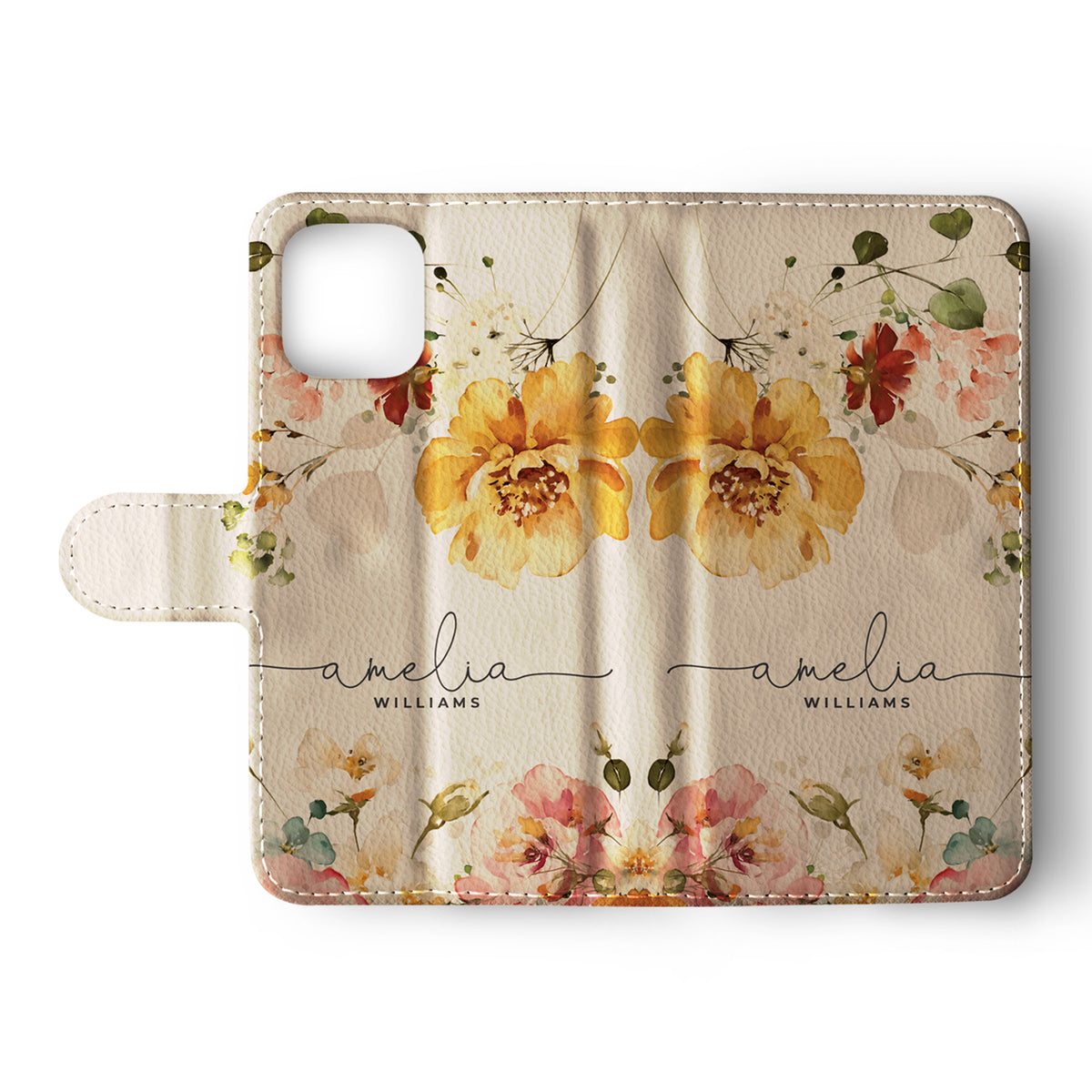 Personalised Wallet Flip Phone Case Custom Name Floral Watercolour Romantic Roses