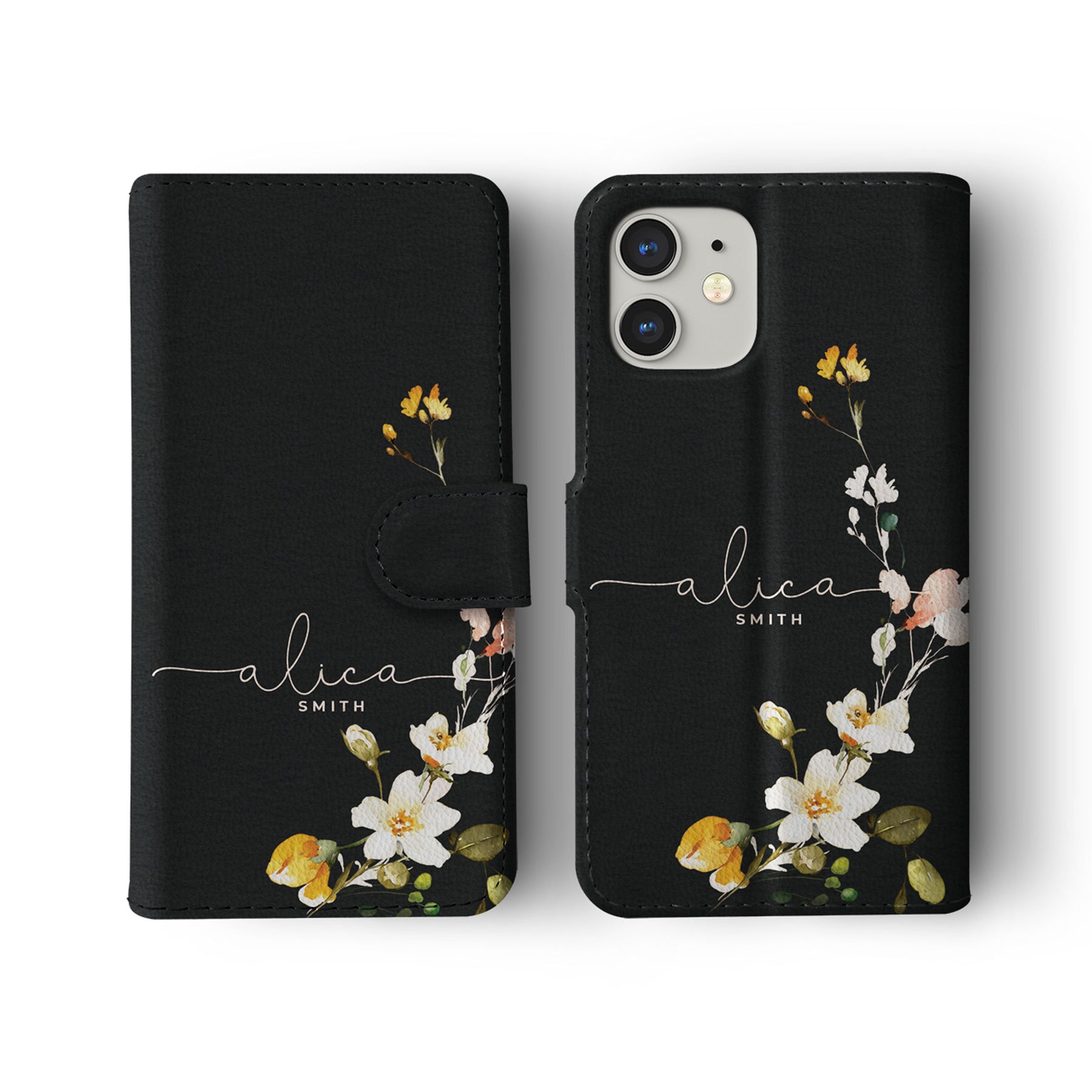 Personalised Wallet Flip Phone Case Custom Name Floral Peach Blossom Roses Buds