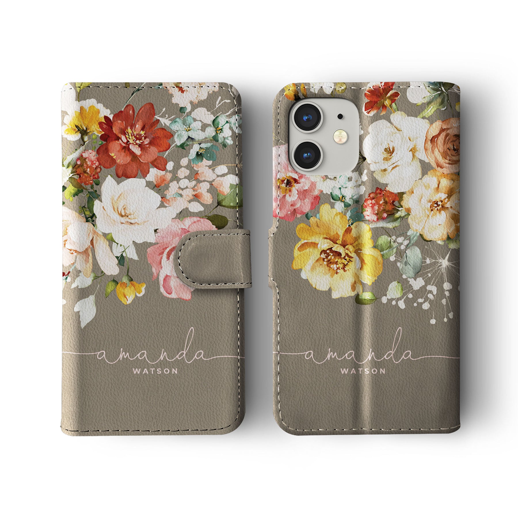 Personalised Wallet Flip Phone Case Custom Name Floral Spring Flowers Pink Roses