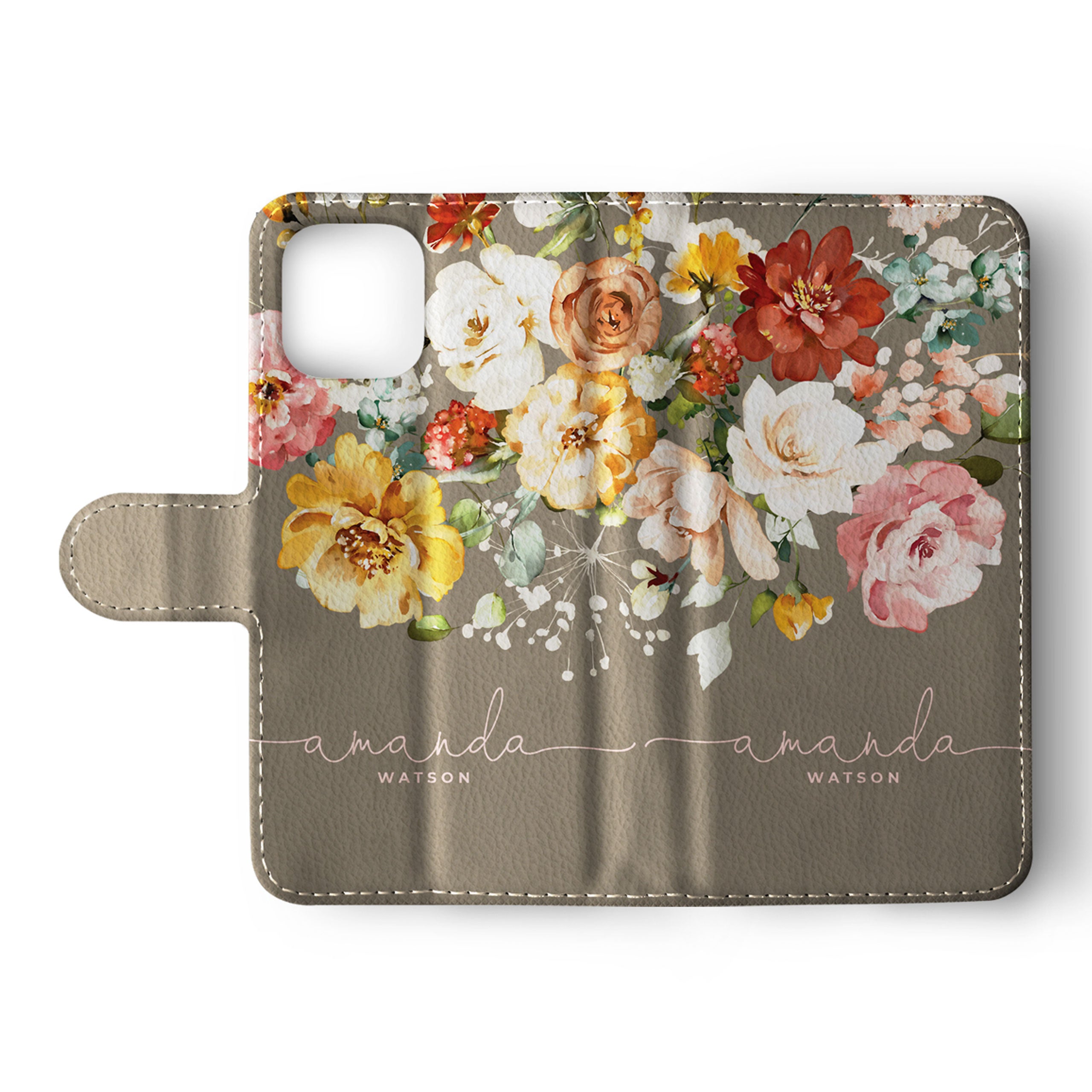 Personalised Wallet Flip Phone Case Custom Name Floral Spring Flowers Pink Roses