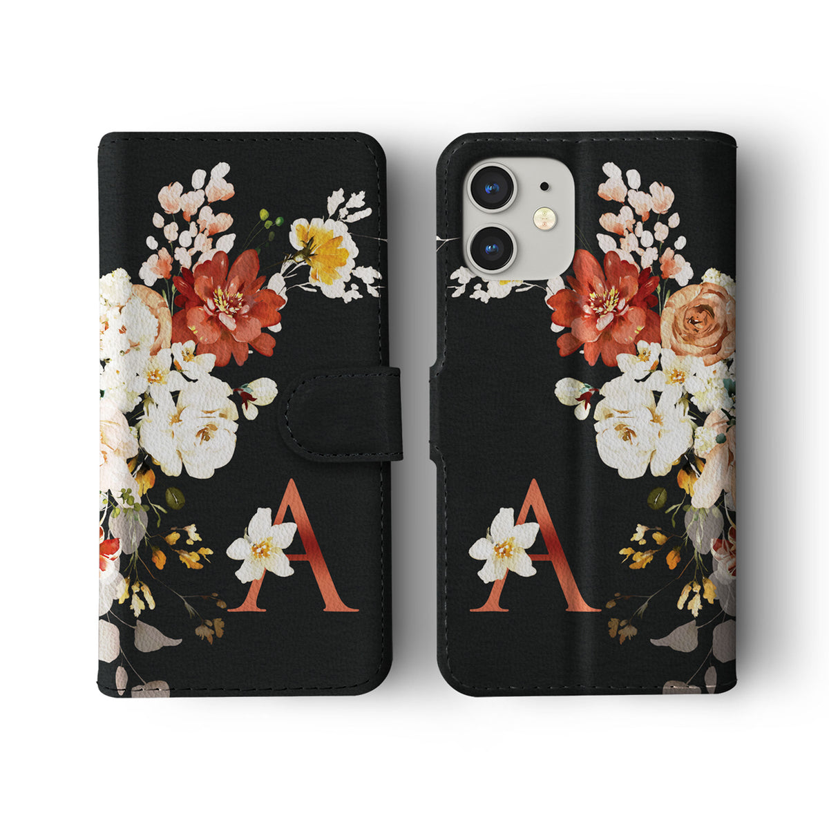 Personalised Wallet Flip Phone Case Custom Name Shabby Chic Roses Black Floral Monogram