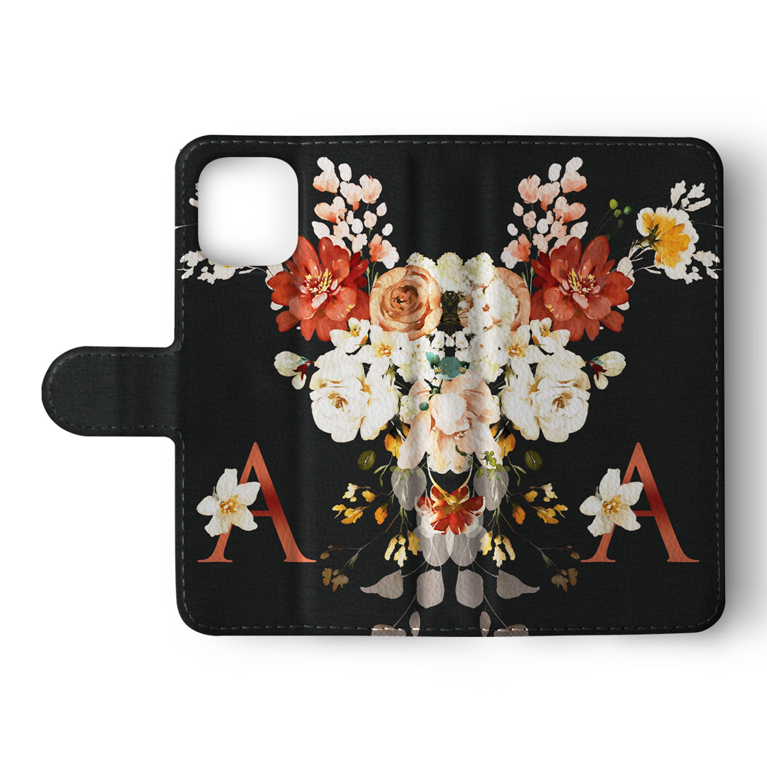 Personalised Wallet Flip Phone Case Custom Name Shabby Chic Roses Black Floral Monogram