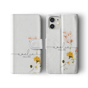 Personalised Wallet Flip Phone Case Custom Name Spring Blossoms Watercolour