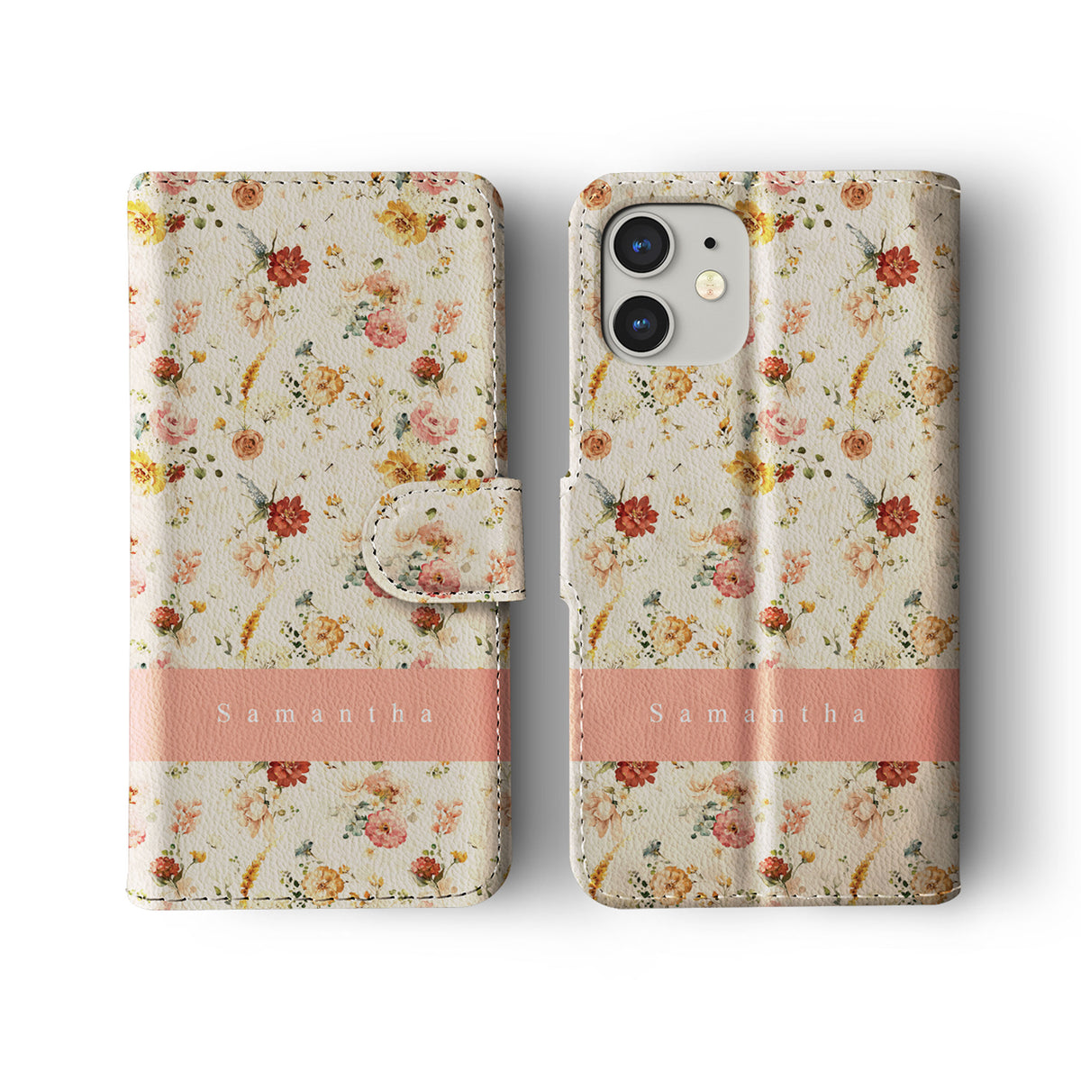 Personalised Wallet Flip Phone Case Custom Name Floral Vintage Ditsy Pastel