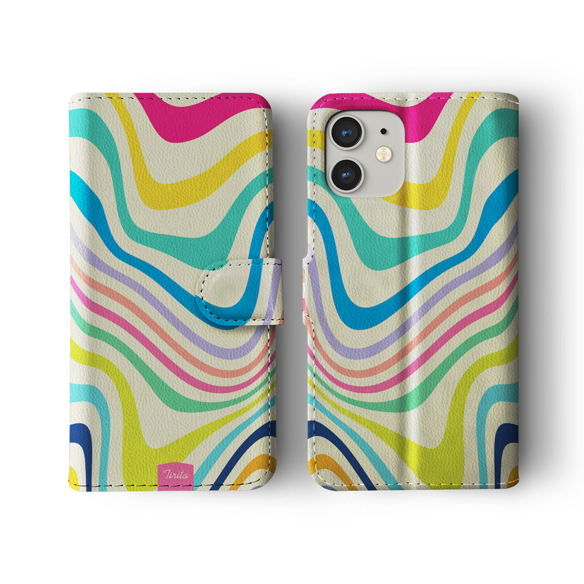 Wallet Flip Phone Case Custom Name Retro Neon Colours Waves