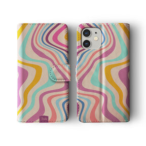 Wallet Flip Phone Case Pastel Wavy Pink Blue Yellow