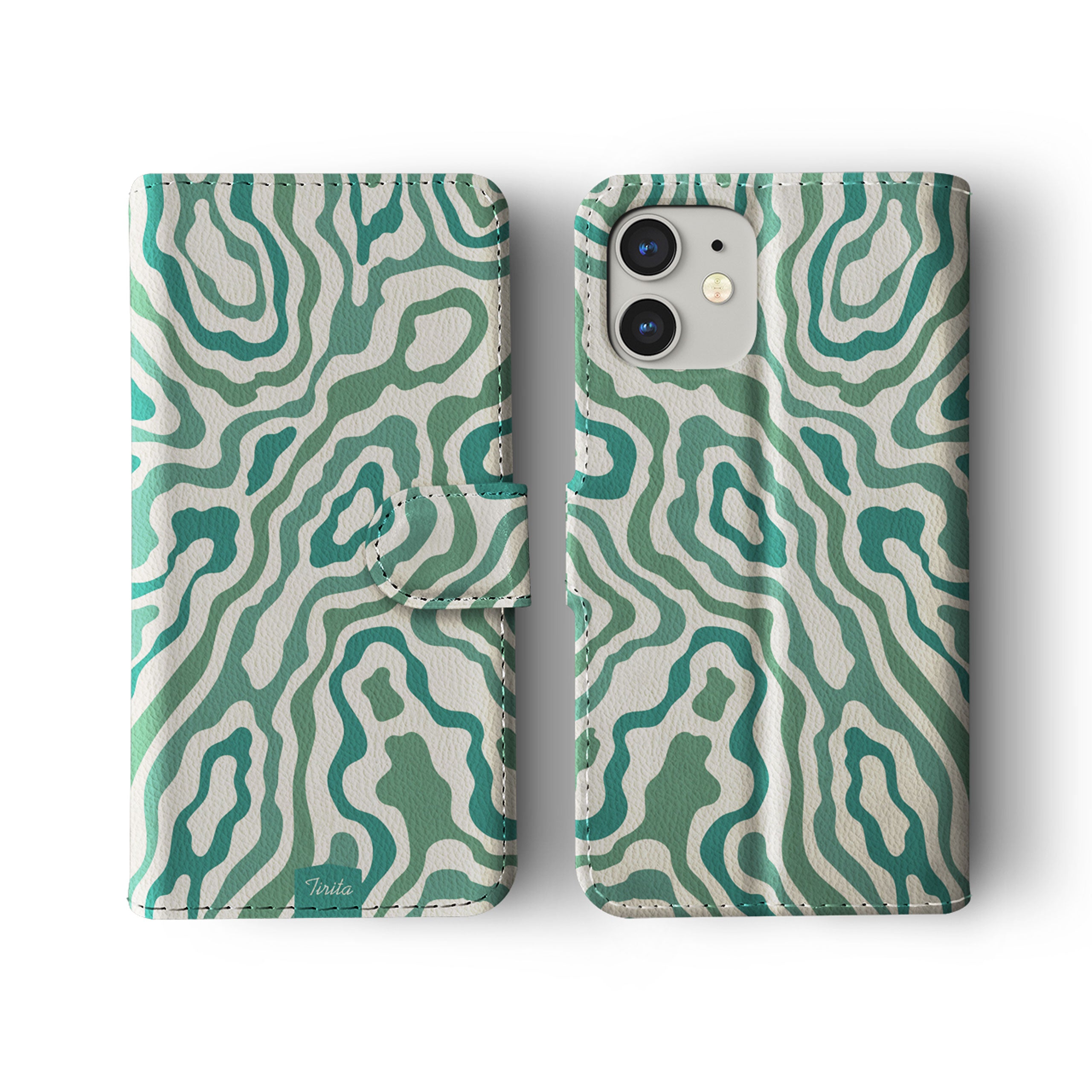 Wallet Flip Phone Case Custom Name Troubled Waves Retro Green