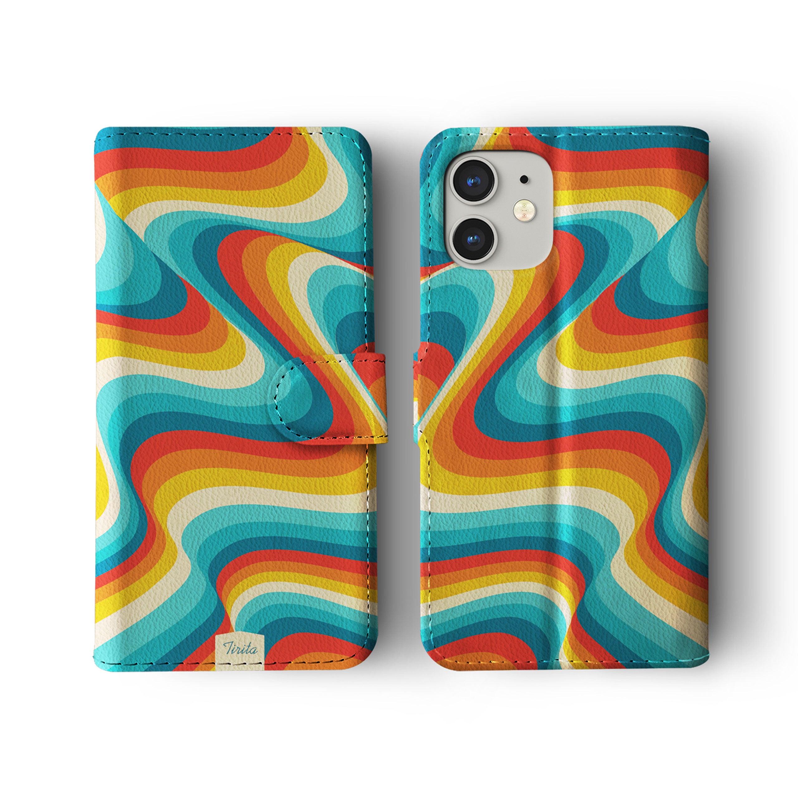 Wallet Flip Phone Case Custom Name Groovy 70s Waves Vintage