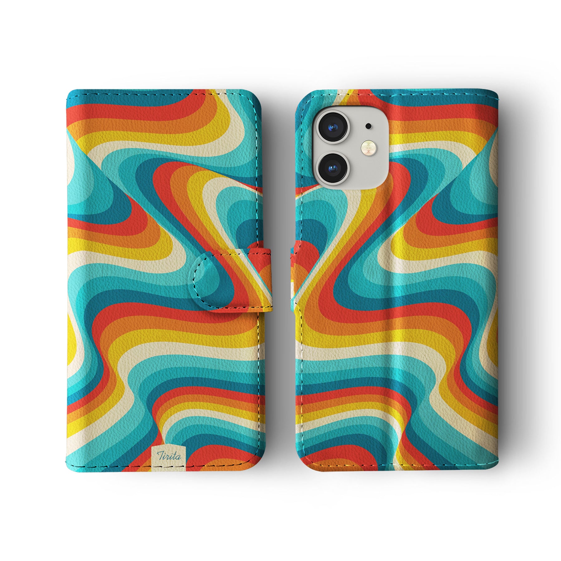 Wallet Flip Phone Case Custom Name Groovy 70s Waves Vintage