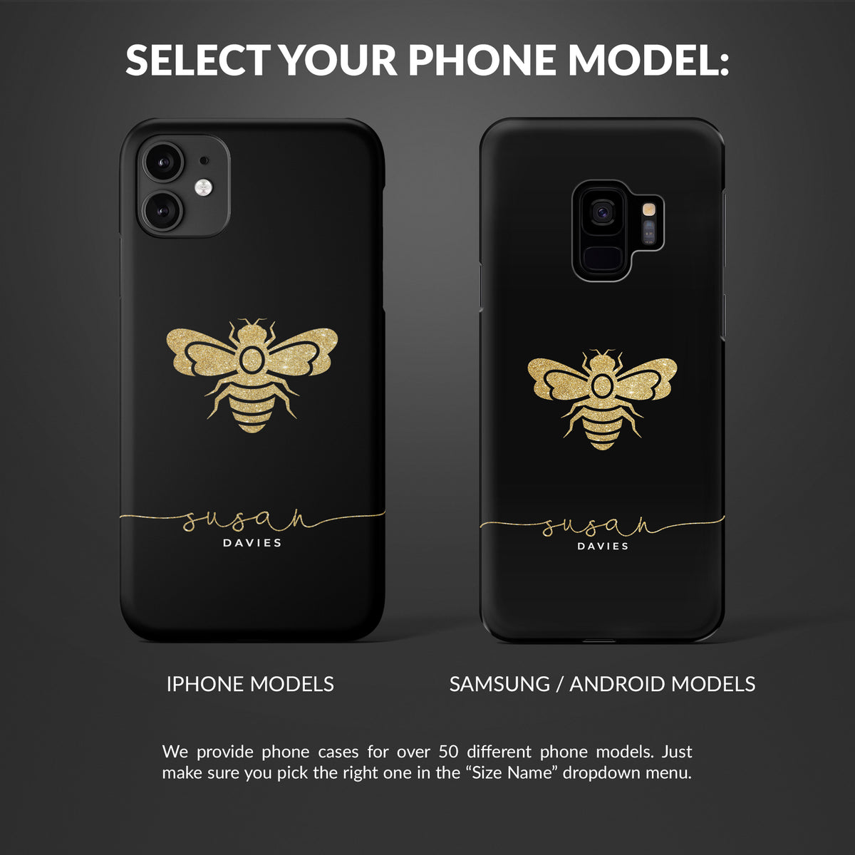 Personalised Hard Phone Case Custom Name Golden Honeybee Bumblebee
