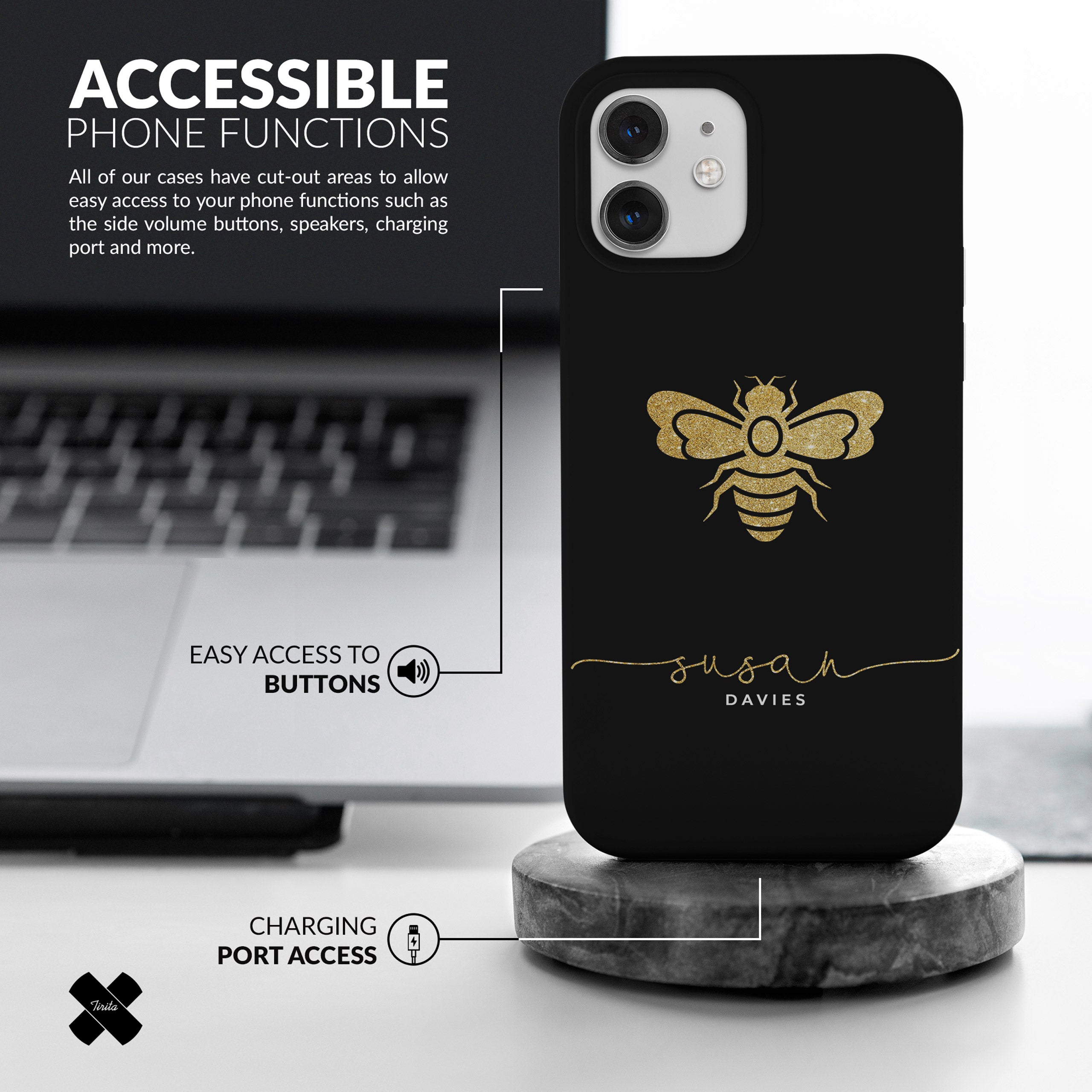 Personalised Hard Phone Case Custom Name Golden Honeybee Bumblebee