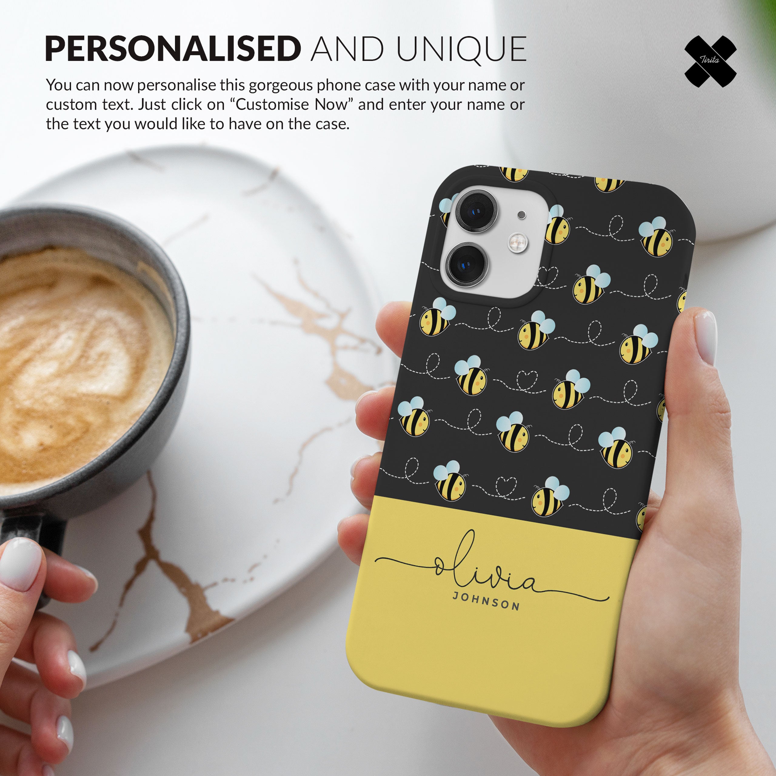 Personalised Hard Phone Case Custom Name Black Yellow Busy Bees