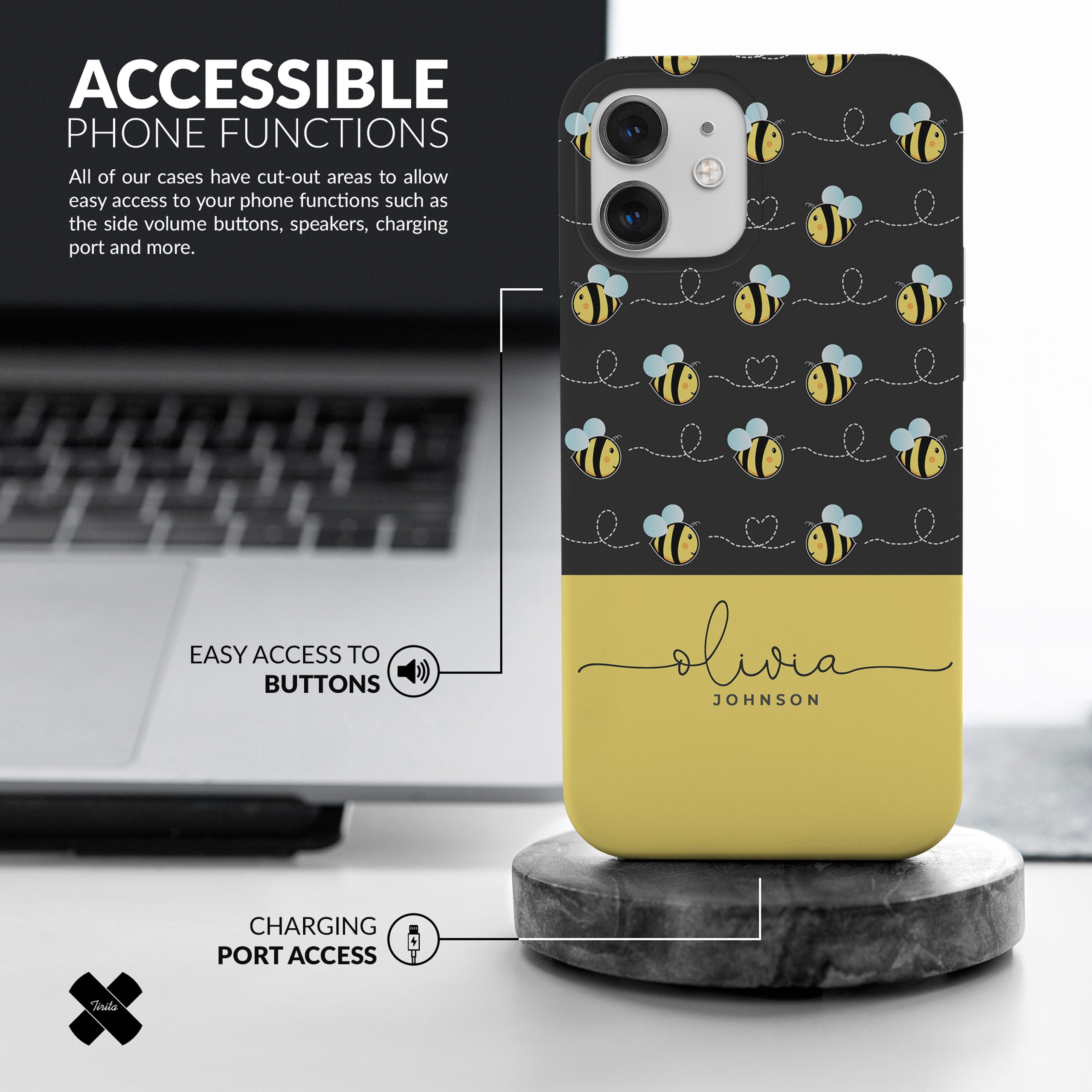 Personalised Hard Phone Case Custom Name Black Yellow Busy Bees