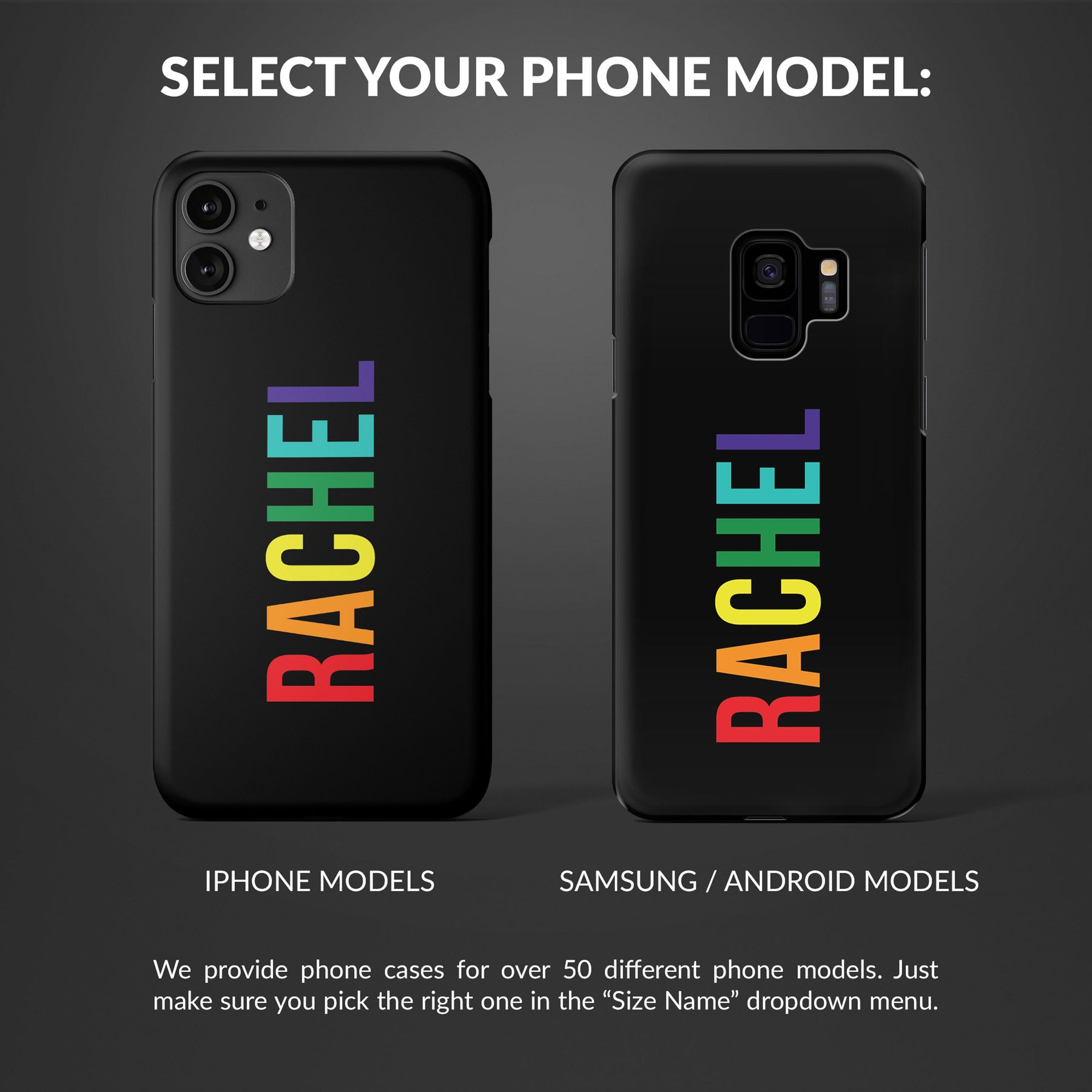 Personalised Hard Phone Case Rainbow Name on Black