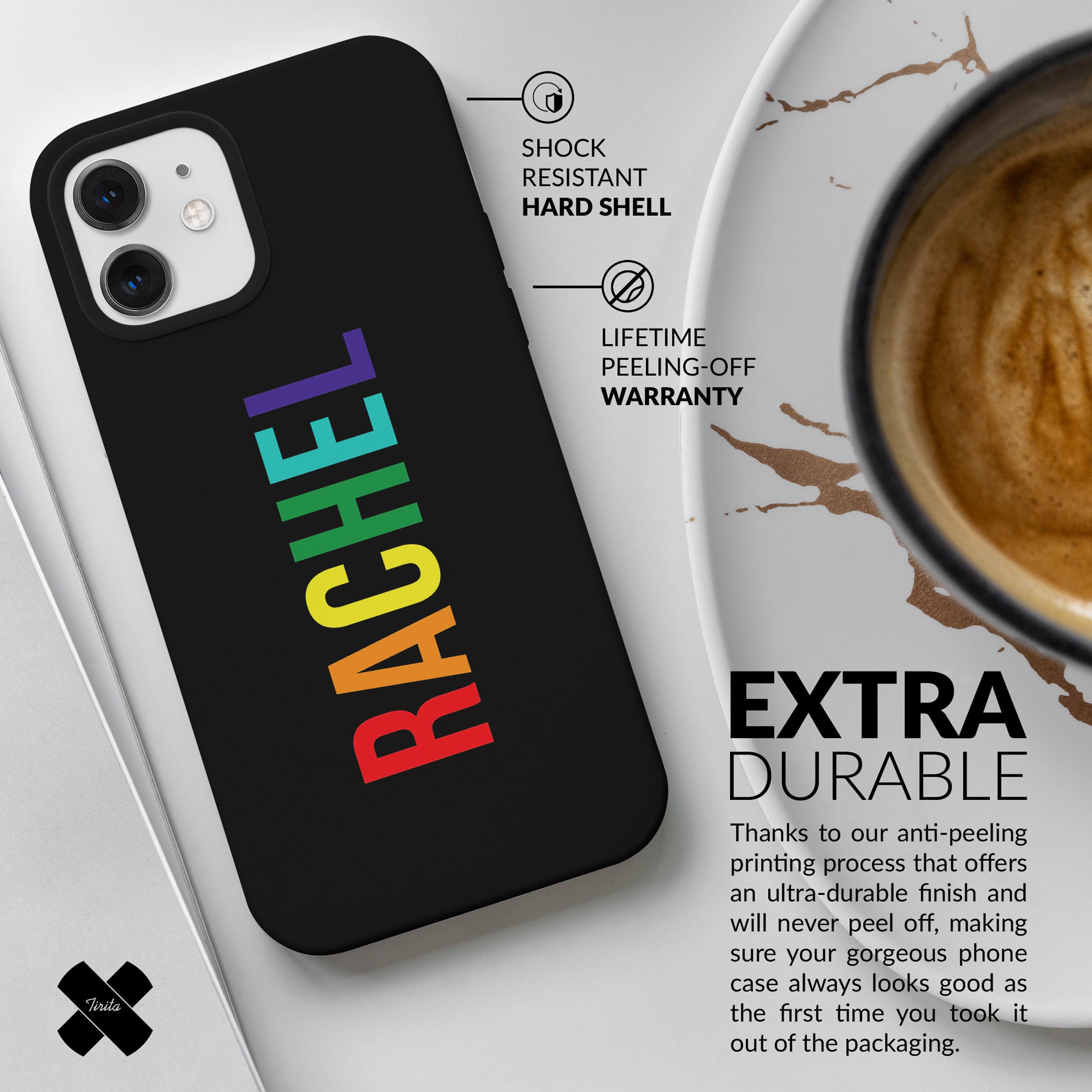 Personalised Hard Phone Case Rainbow Name on Black