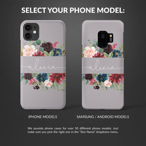 Personalised Hard Phone Case Custom Name Light Grey Floral Roses