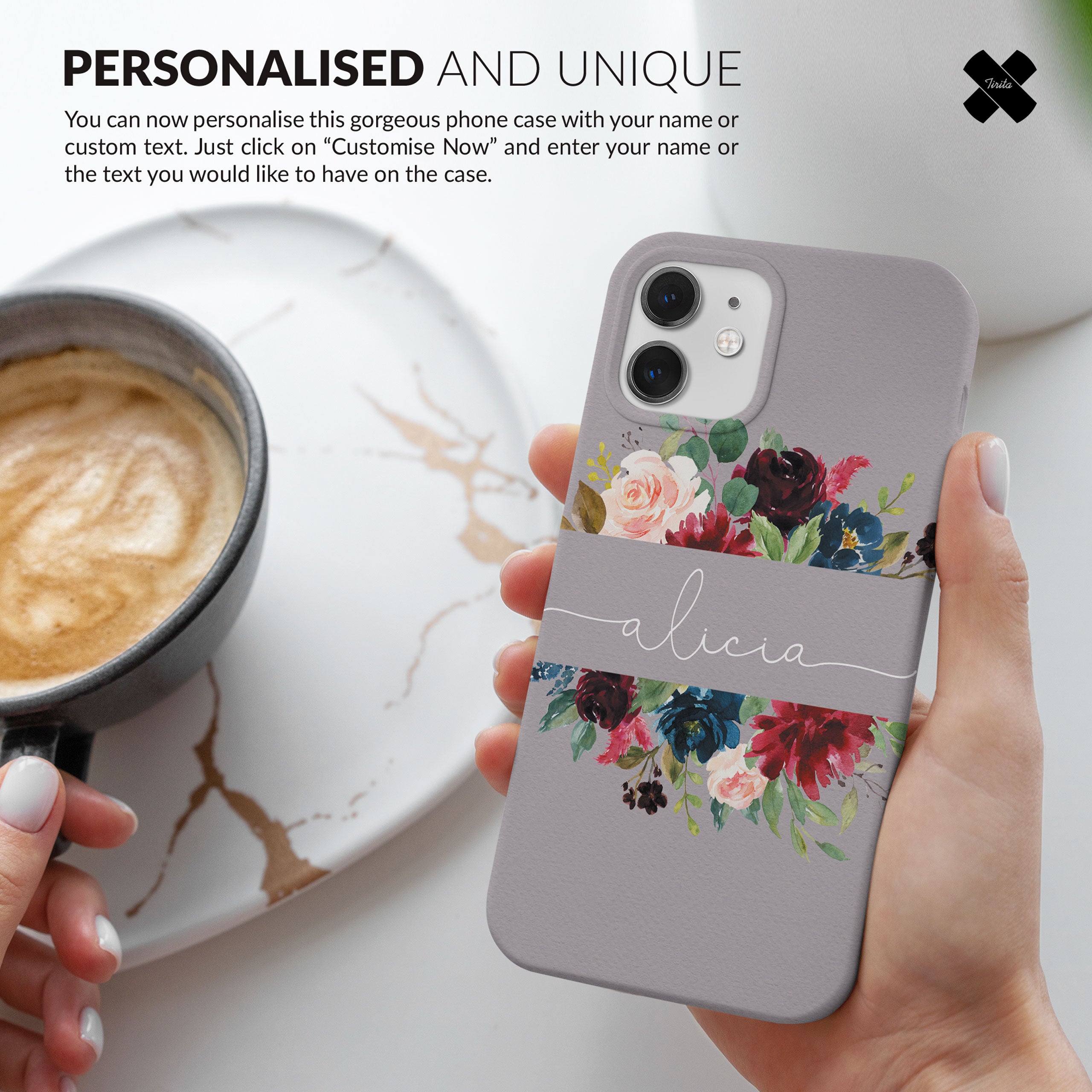 Personalised Hard Phone Case Custom Name Light Grey Floral Roses