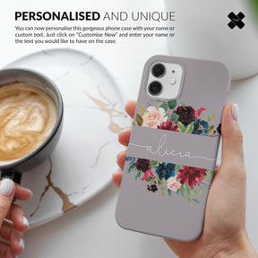 Personalised Hard Phone Case Custom Name Light Grey Floral Roses