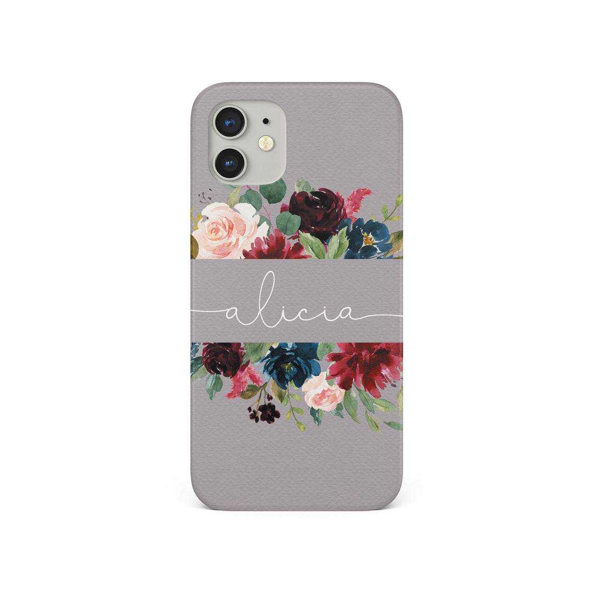 Personalised Hard Phone Case Custom Name Light Grey Floral Roses