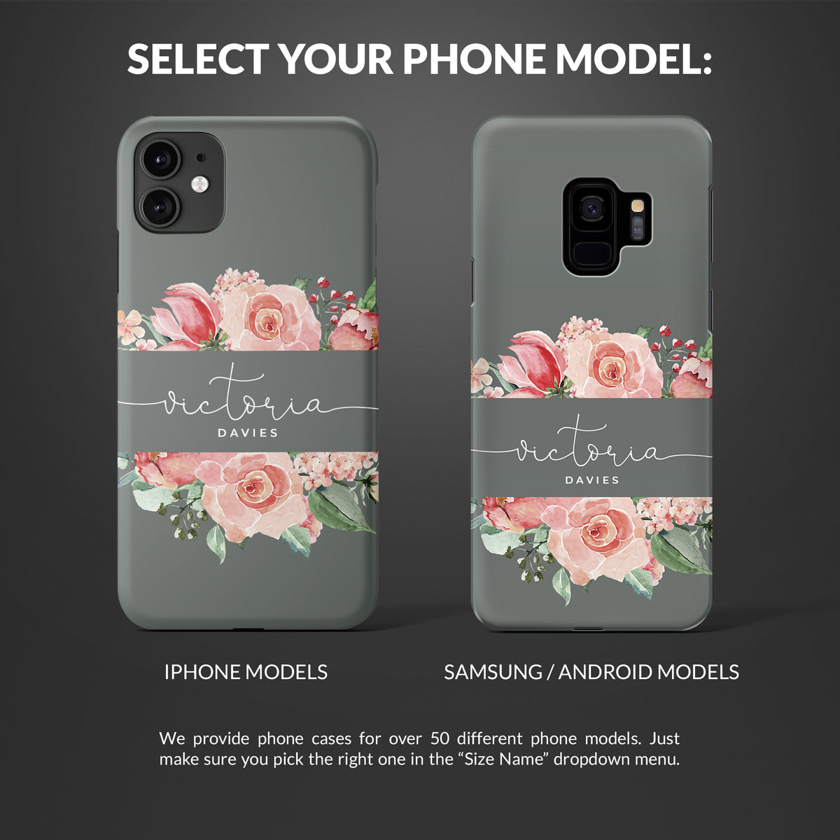 Personalised Hard Phone Case Custom Name Grey Floral Rose Bloom