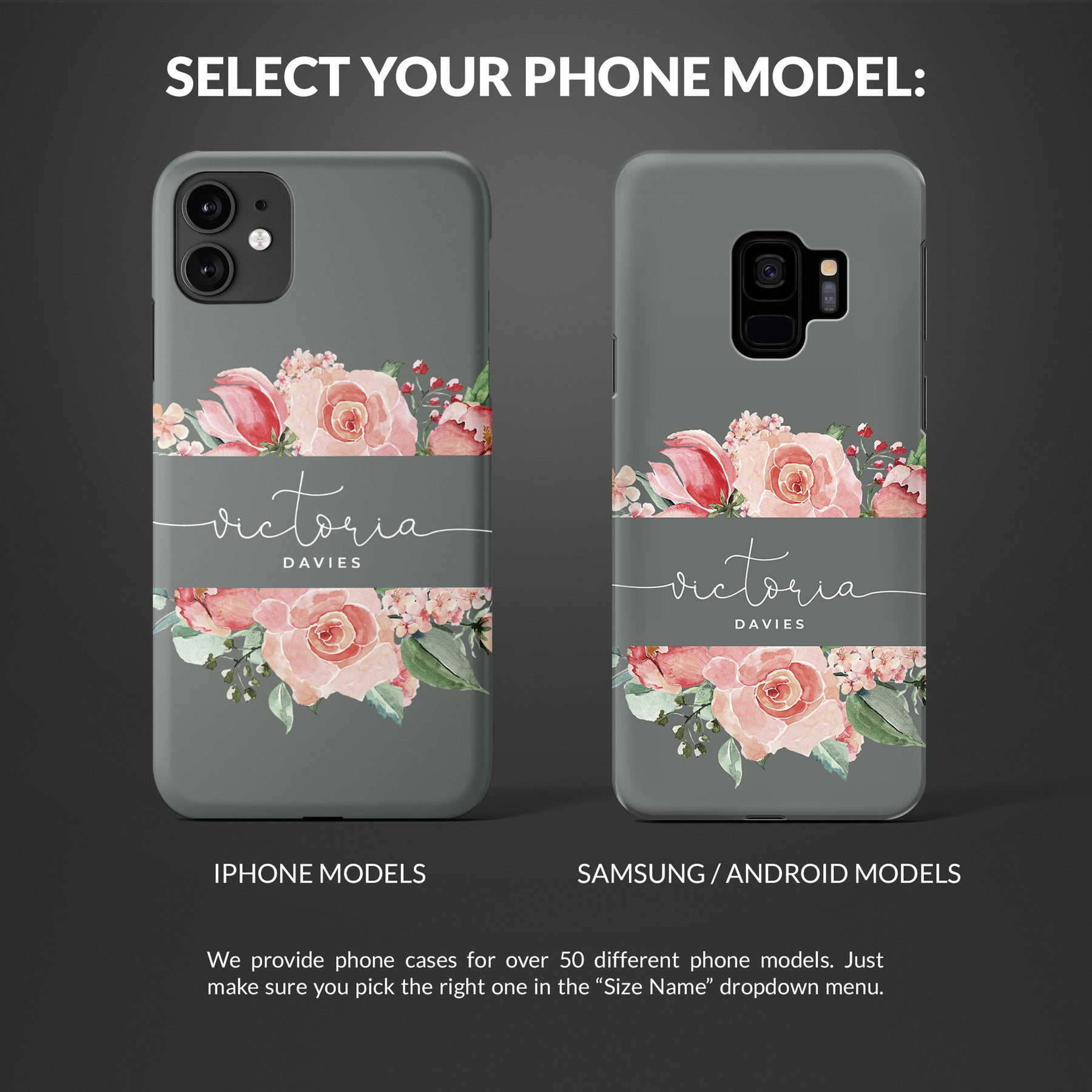 Personalised Hard Phone Case Custom Name Grey Floral Rose Bloom