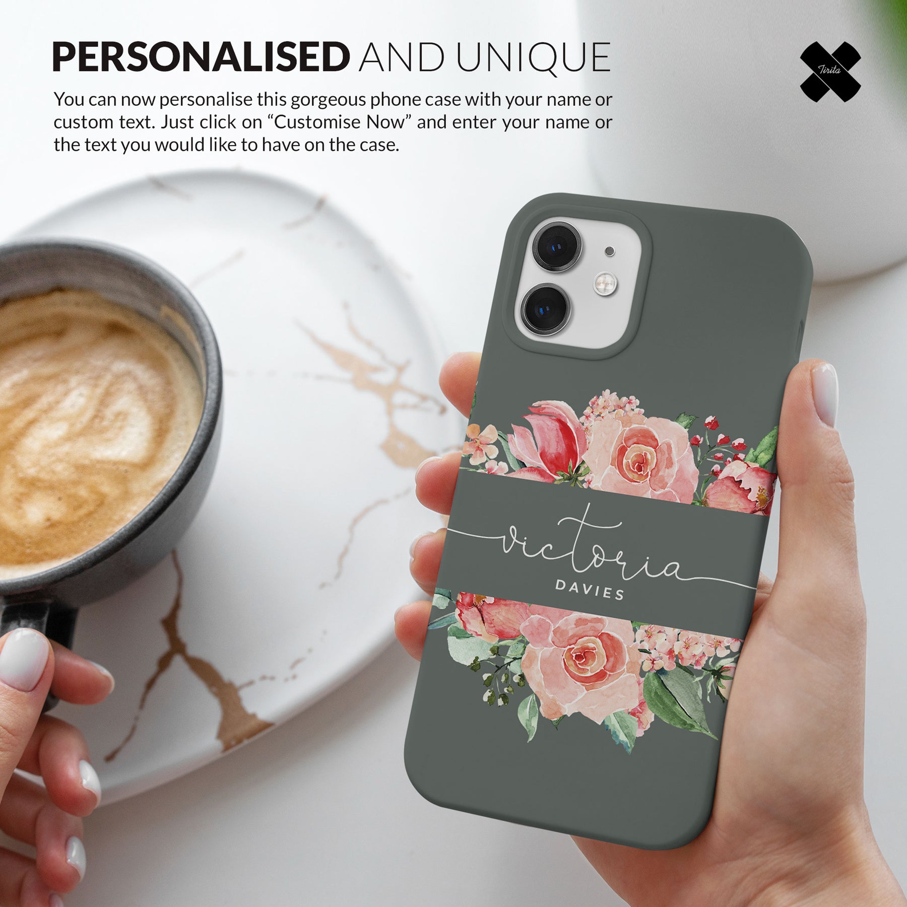 Personalised Hard Phone Case Custom Name Grey Floral Rose Bloom