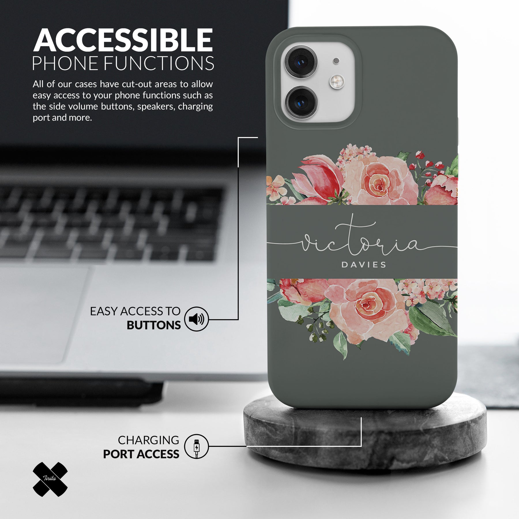 Personalised Hard Phone Case Custom Name Grey Floral Rose Bloom