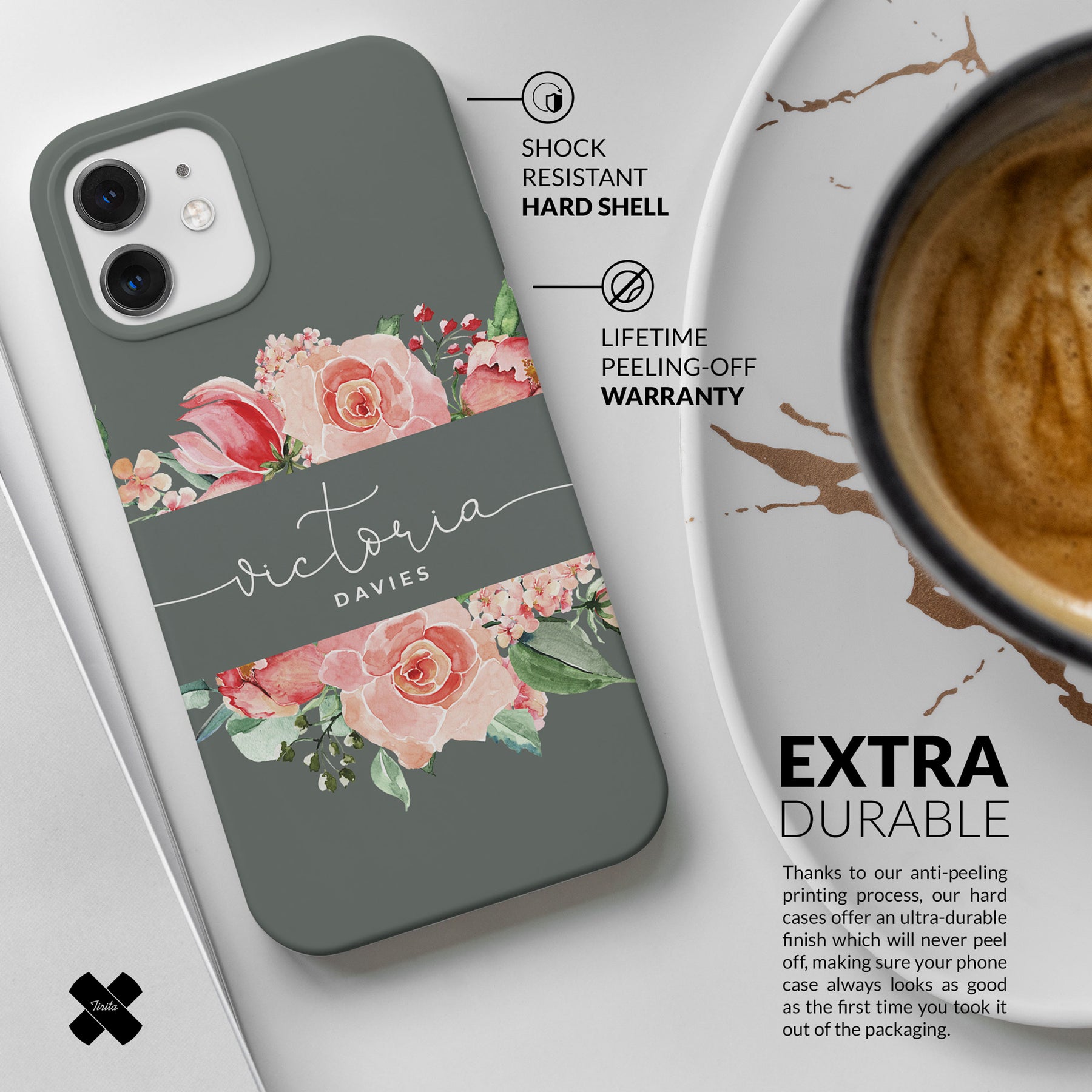 Personalised Hard Phone Case Custom Name Grey Floral Rose Bloom