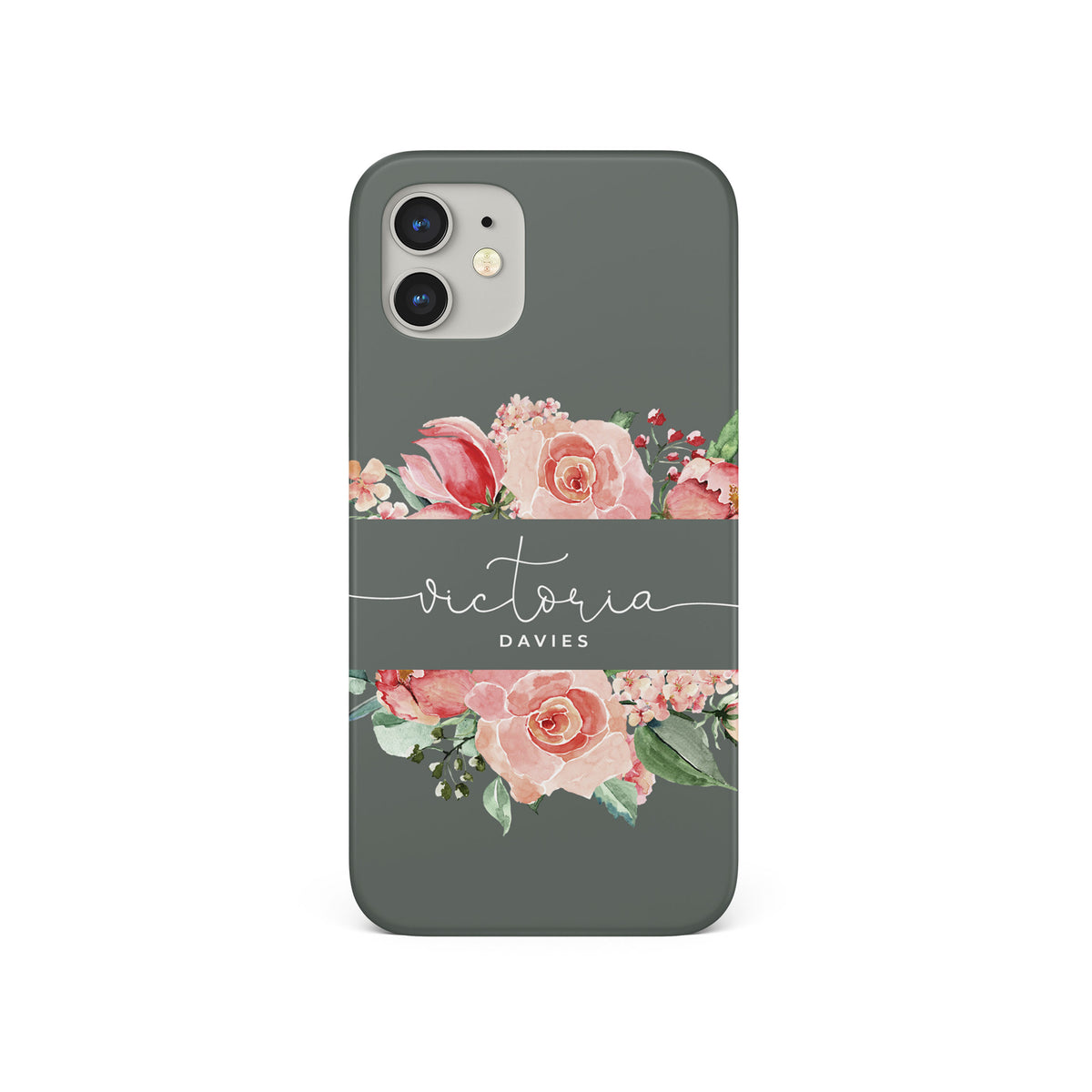 Personalised Hard Phone Case Custom Name Grey Floral Rose Bloom