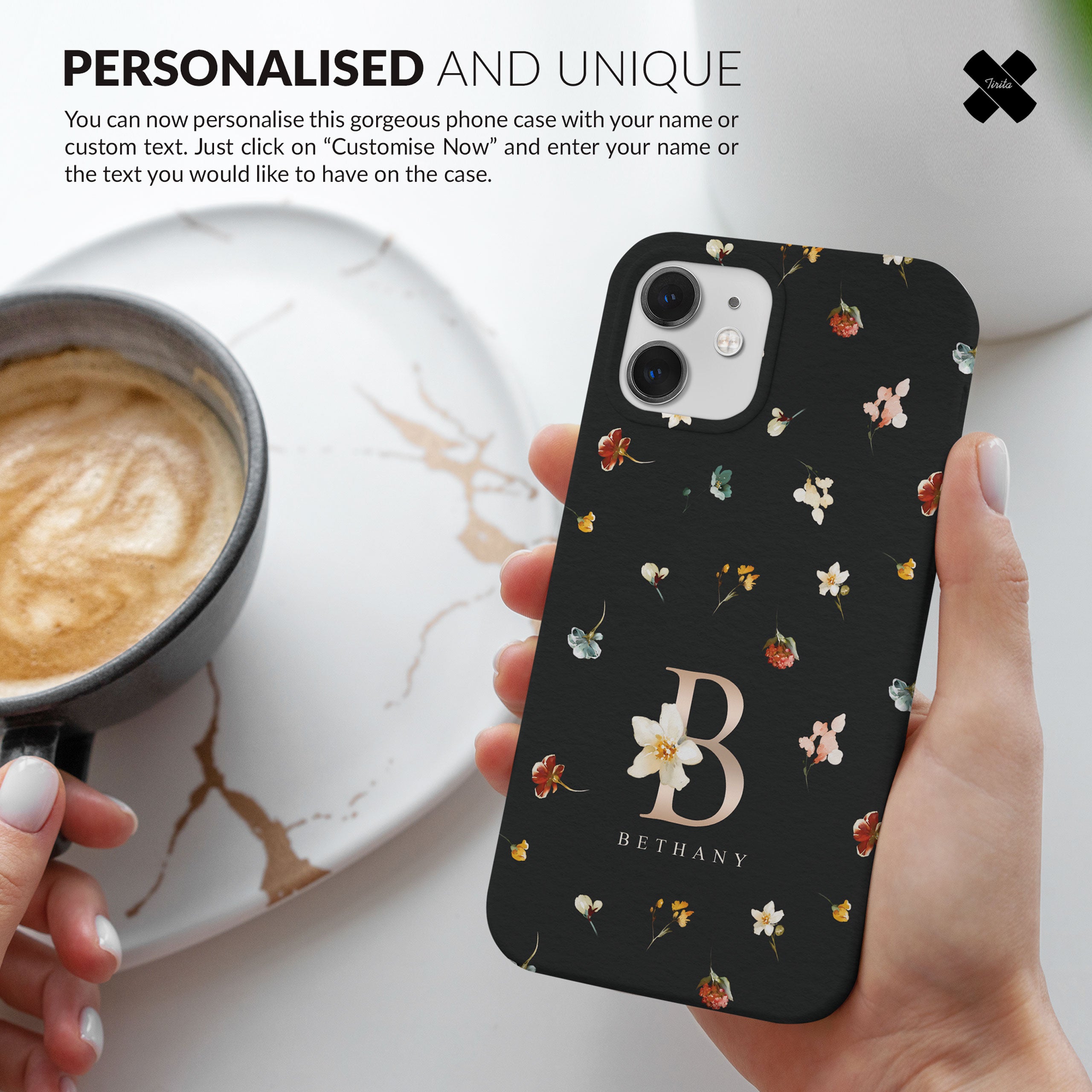 Personalised Hard Phone Case Floral Black Rose Gold Monogram