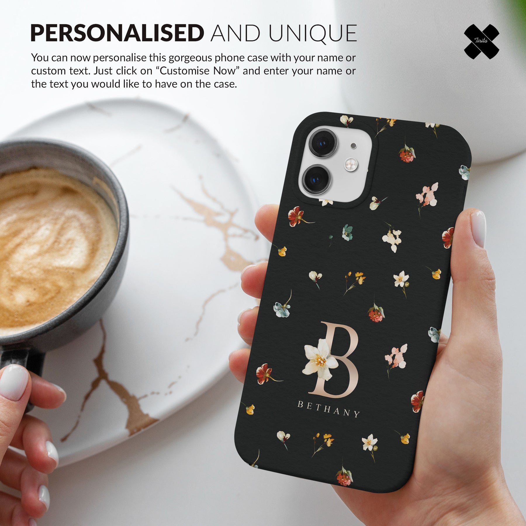 Personalised Hard Phone Case Floral Black Rose Gold Monogram