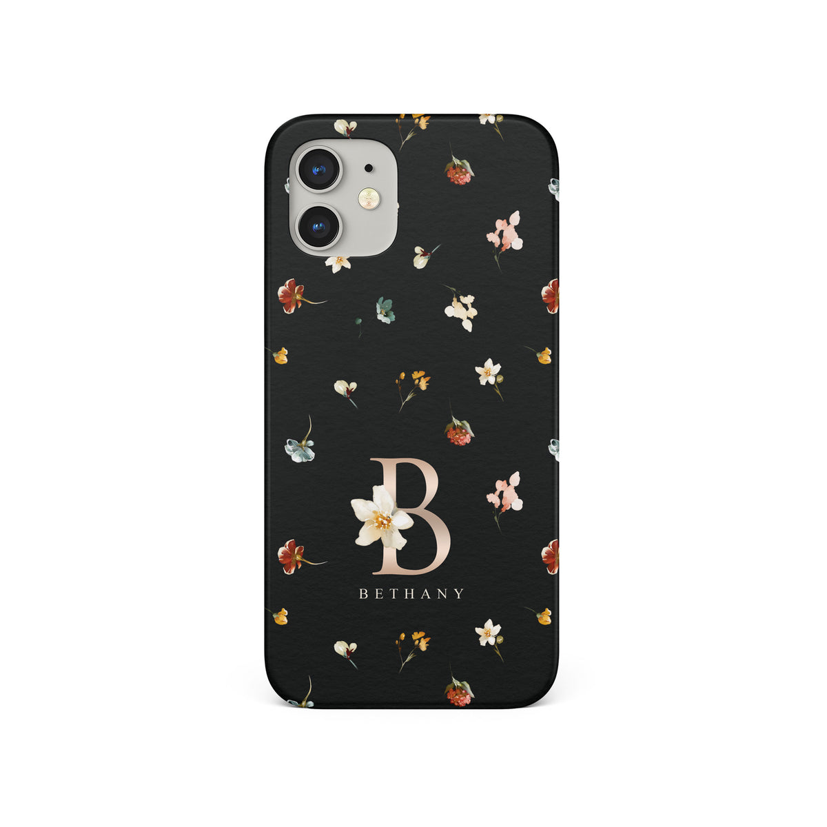 Personalised Hard Phone Case Floral Black Rose Gold Monogram