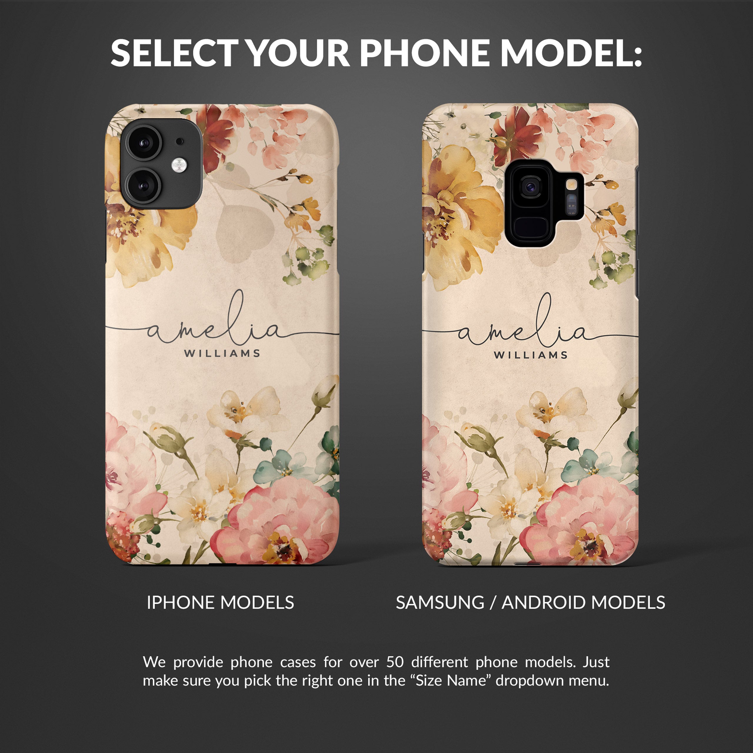 Personalised Hard Phone Case Floral Watercolour Romantic Roses