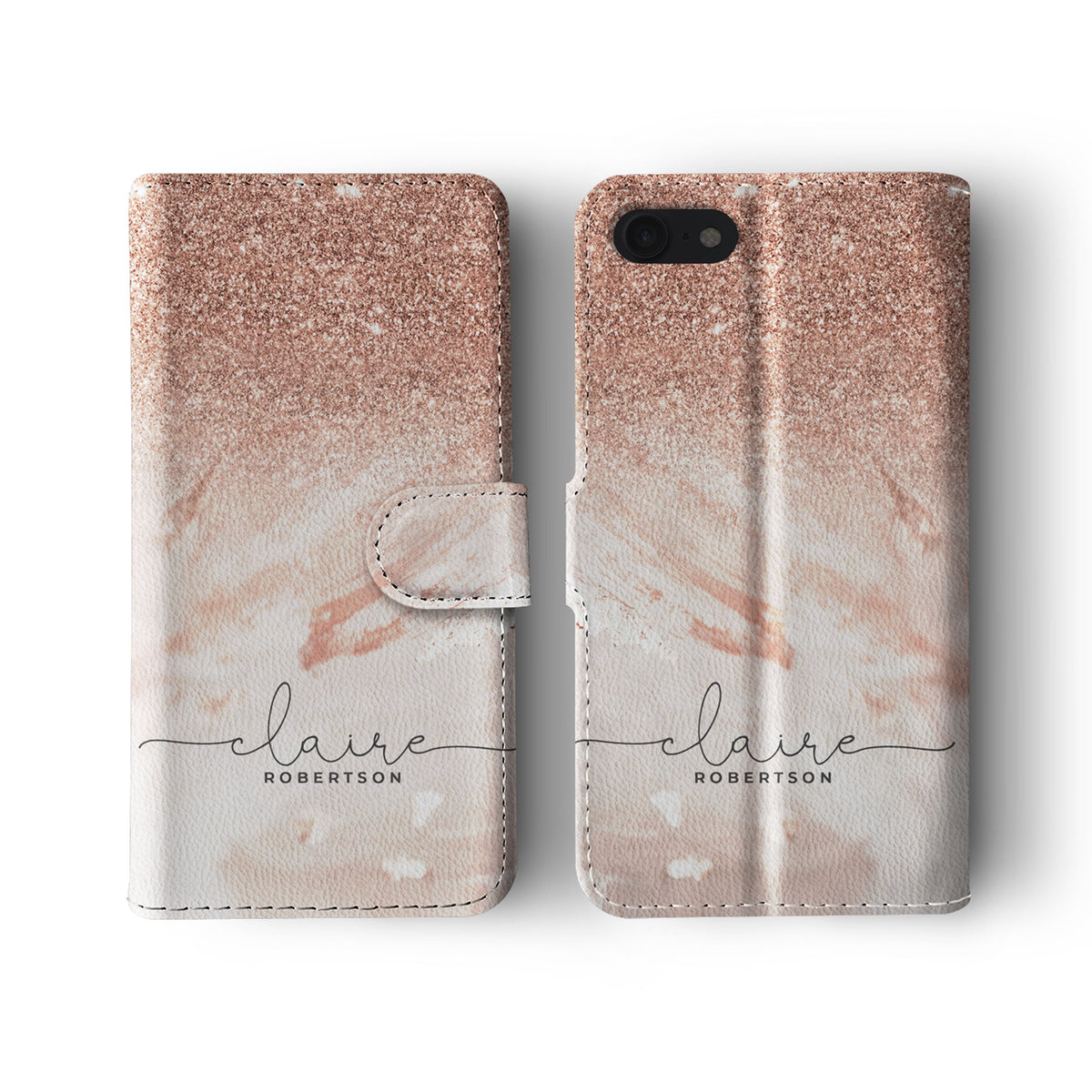 Personalised Wallet Flip Phone Case Custom Name Sequin Rose Gold Marble