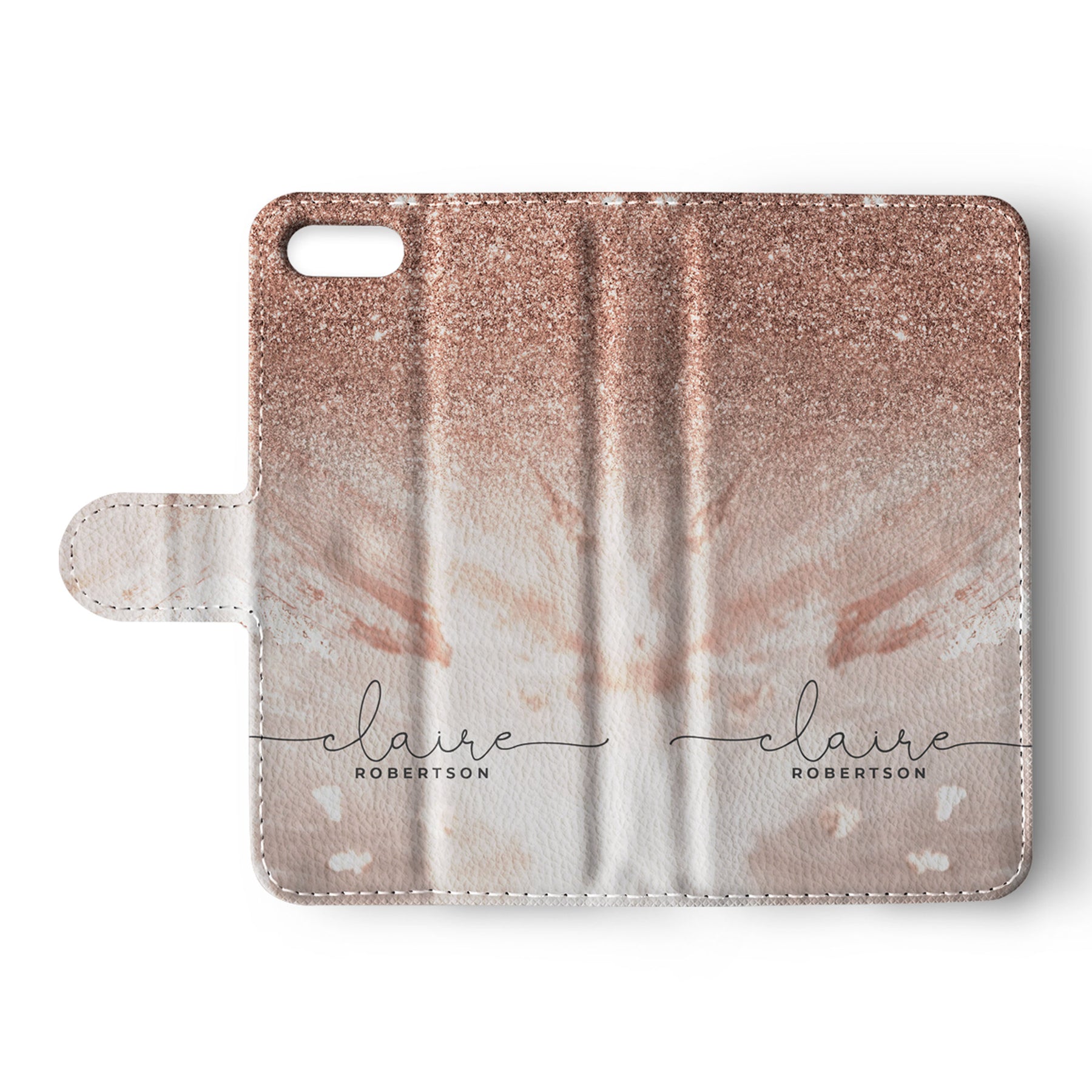 Personalised Wallet Flip Phone Case Custom Name Sequin Rose Gold Marble