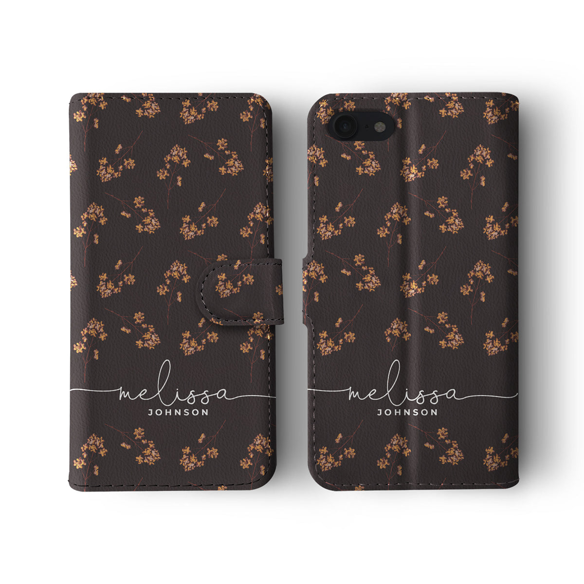 Personalised Wallet Flip Phone Case Custom Name Autumn Fallen Leaves on Brown