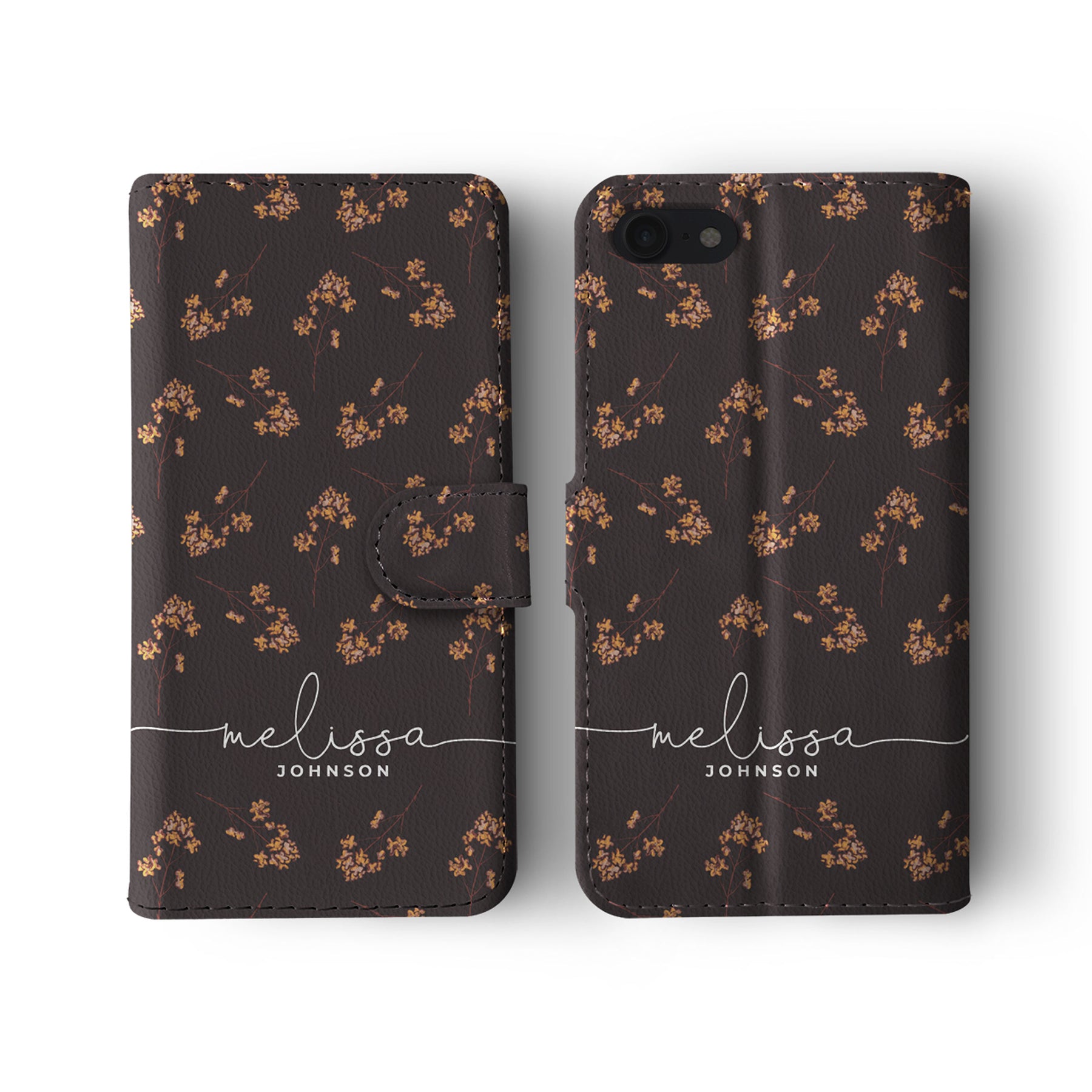 Personalised Wallet Flip Phone Case Custom Name Autumn Fallen Leaves on Brown